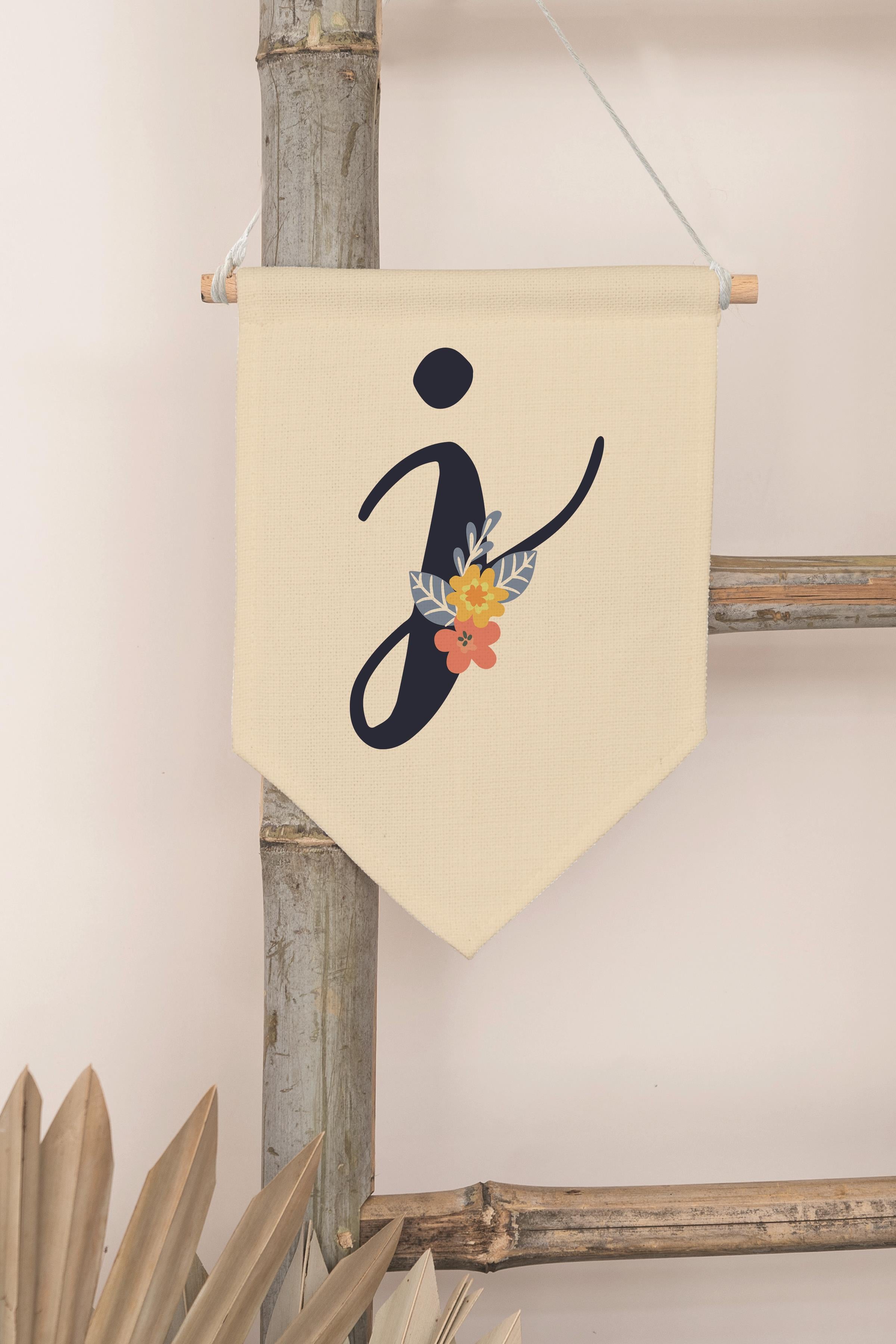 Çocuk Odası Dekor, Duvar Süsü, Ahşap Bebek Odası Dekor, Canvas Flama, Lacivert Çiçekli J Harfi