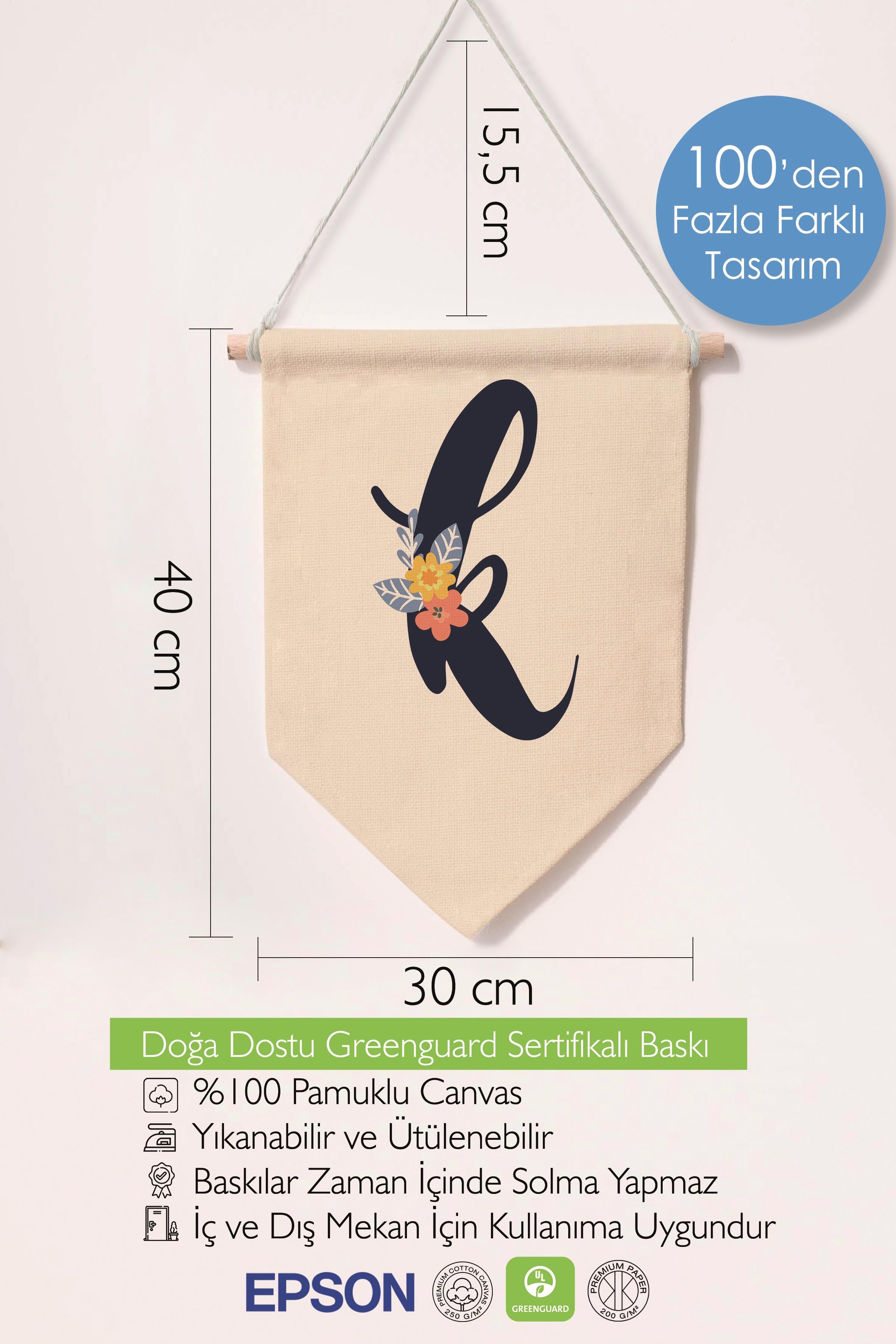 Çocuk Odası Dekor, Duvar Süsü, Ahşap Bebek Odası Dekor, Canvas Flama, Lacivert Çiçekli K Harfi