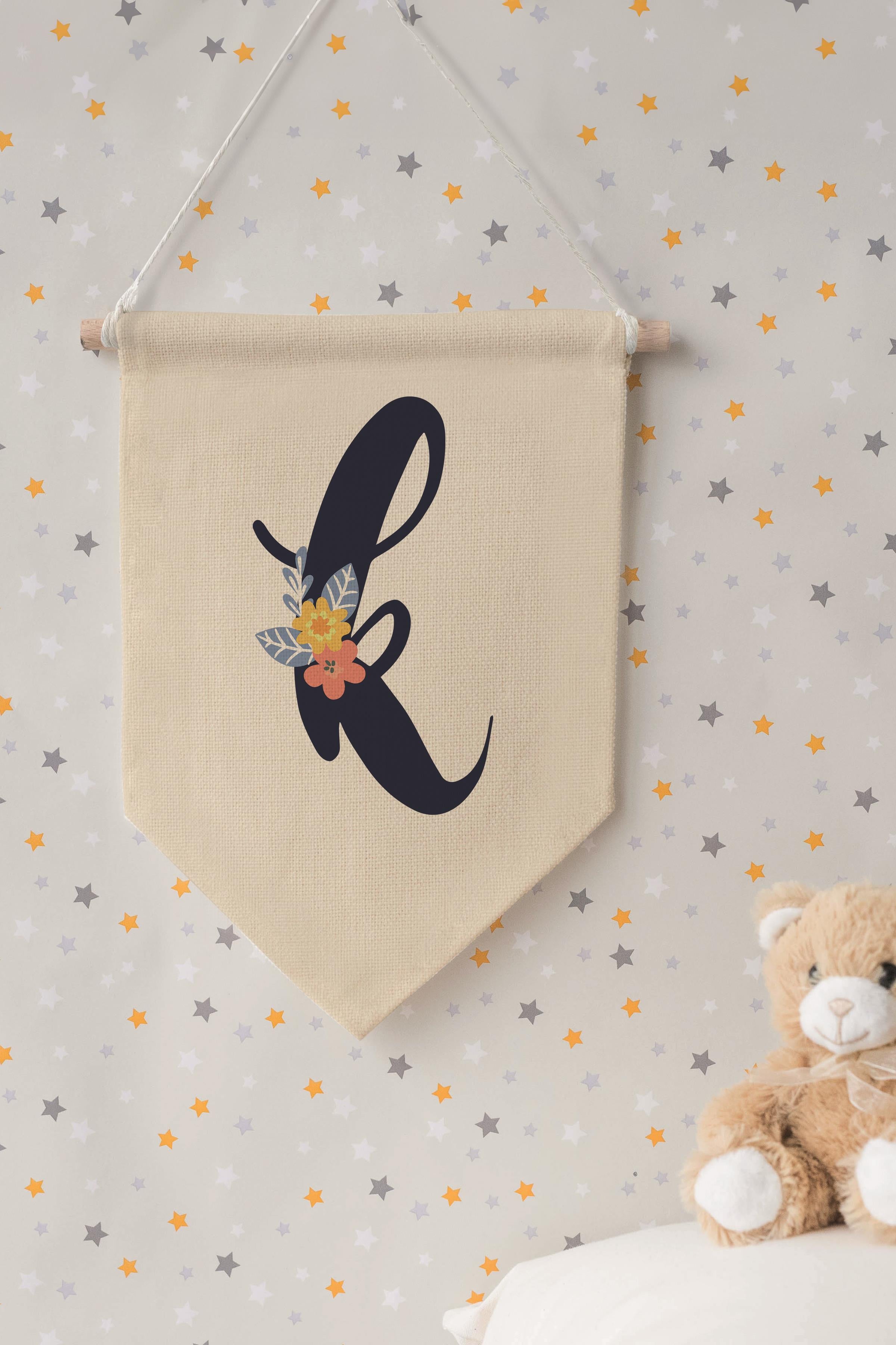 Çocuk Odası Dekor, Duvar Süsü, Ahşap Bebek Odası Dekor, Canvas Flama, Lacivert Çiçekli K Harfi