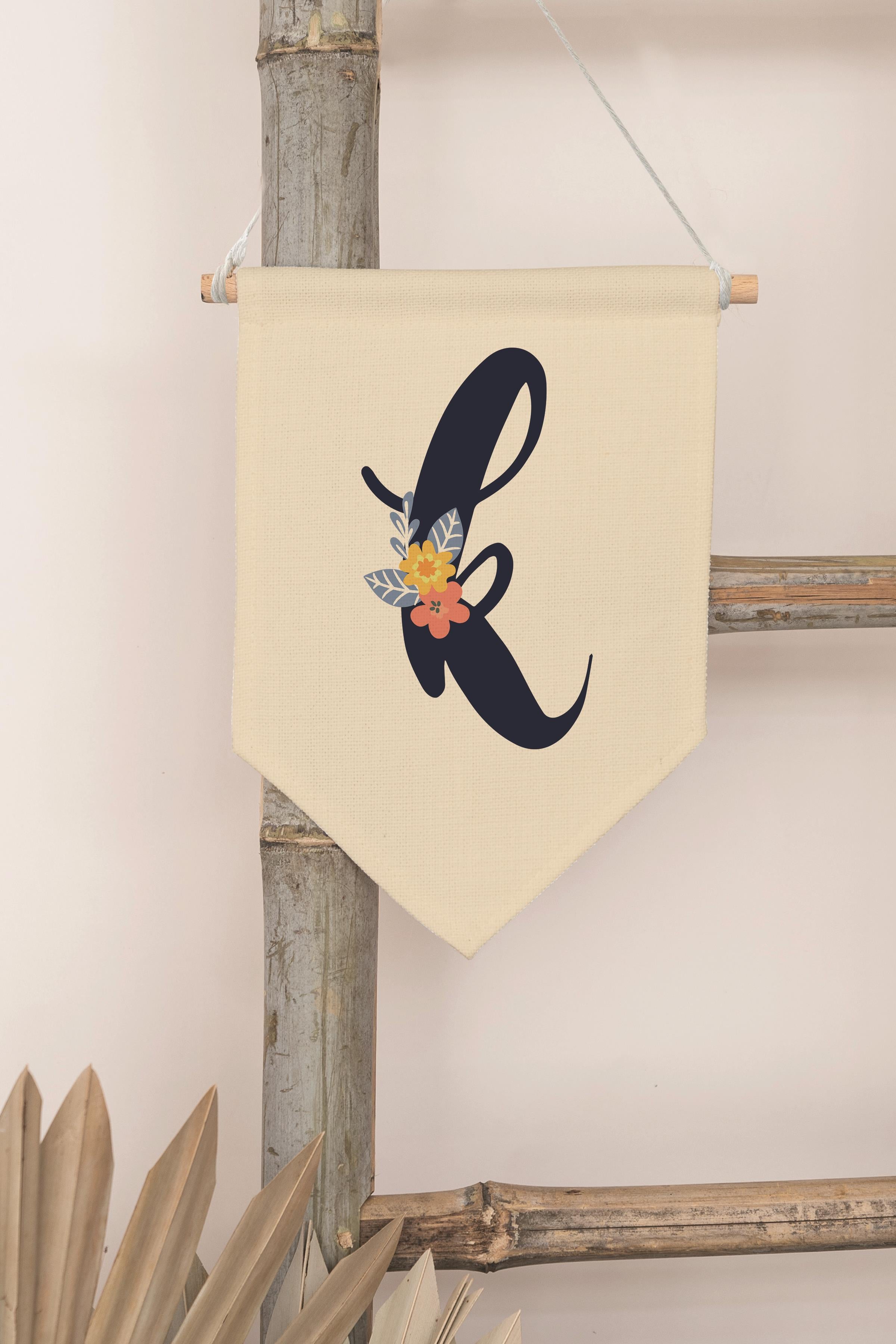 Çocuk Odası Dekor, Duvar Süsü, Ahşap Bebek Odası Dekor, Canvas Flama, Lacivert Çiçekli K Harfi