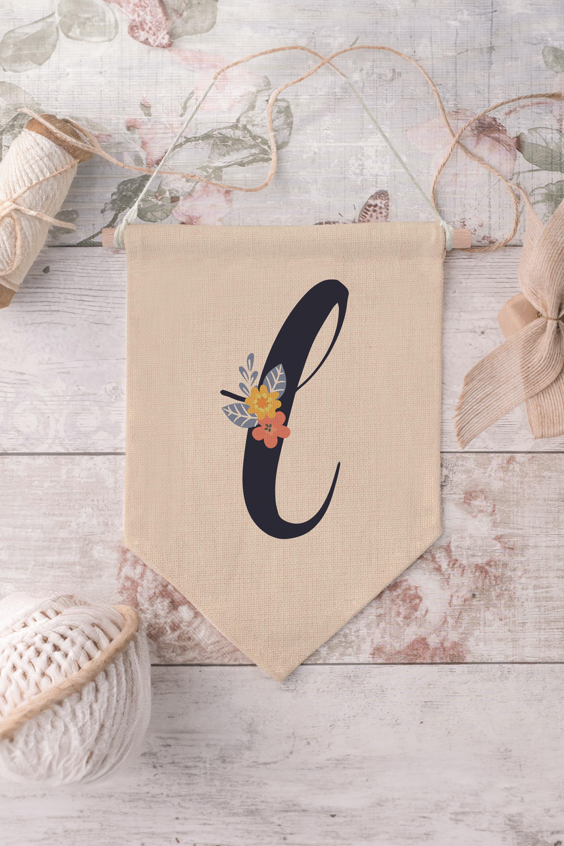 Çocuk Odası Dekor, Duvar Süsü, Ahşap Bebek Odası Dekor, Canvas Flama, Lacivert Çiçekli L Harfi