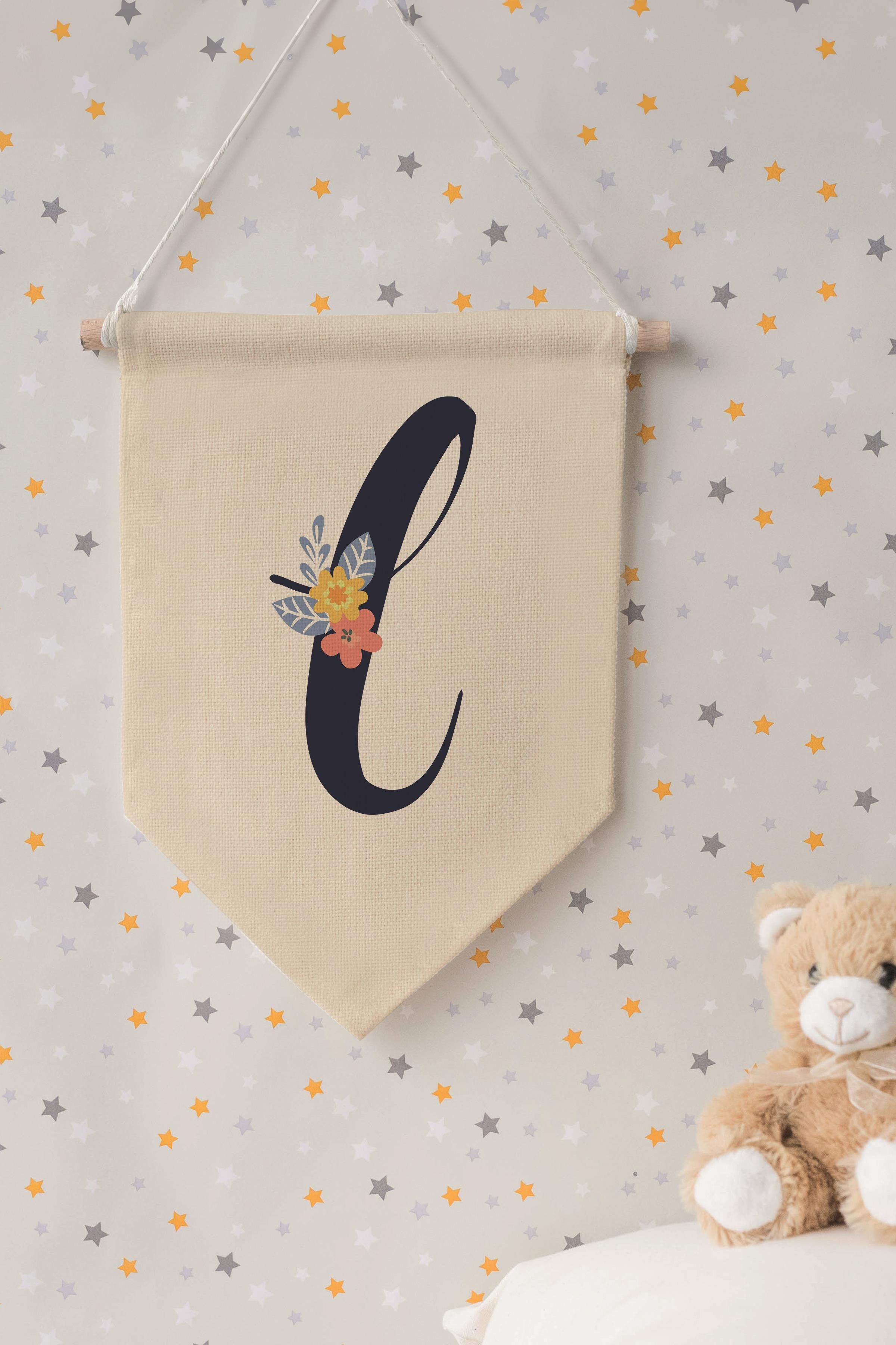 Çocuk Odası Dekor, Duvar Süsü, Ahşap Bebek Odası Dekor, Canvas Flama, Lacivert Çiçekli L Harfi