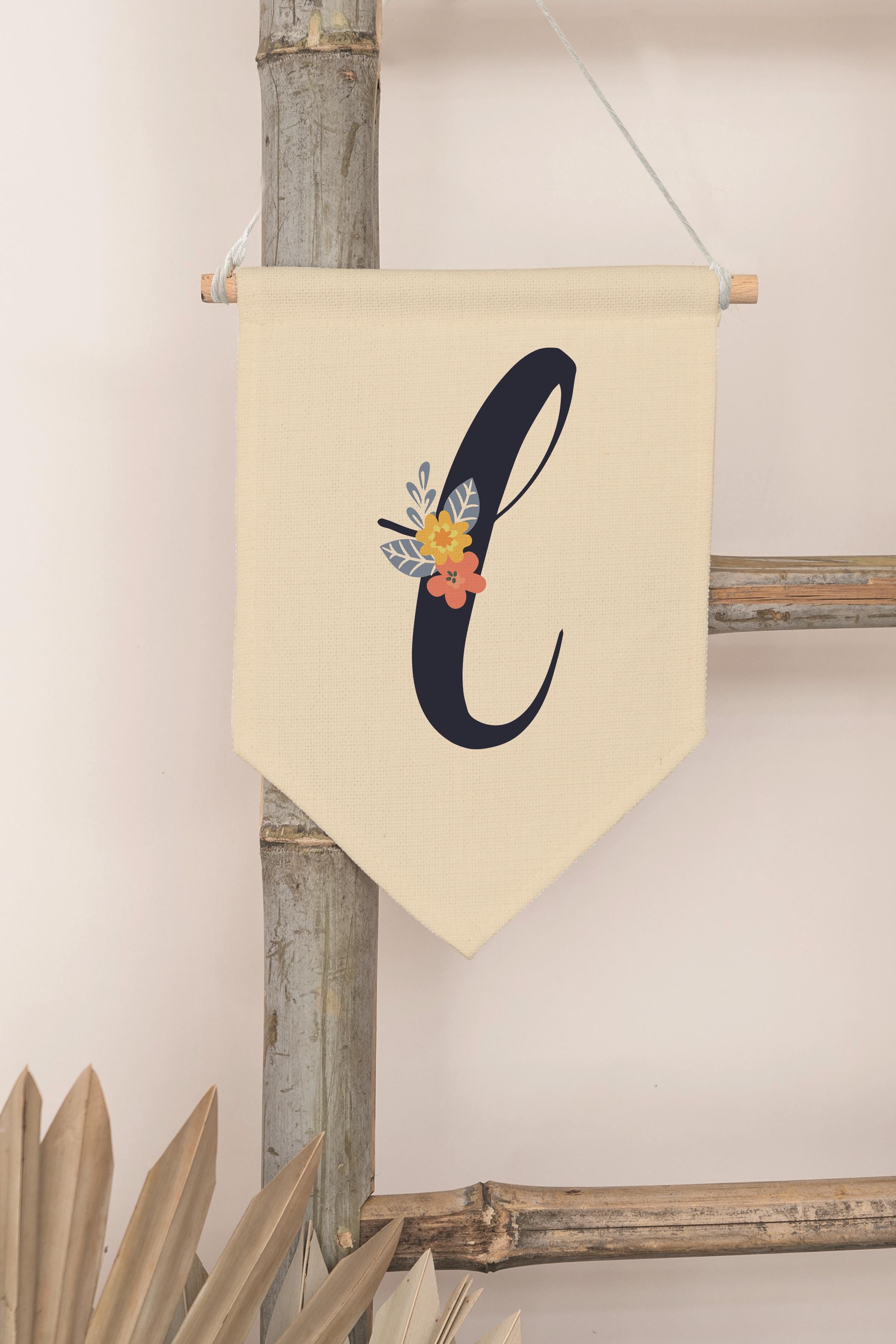 Çocuk Odası Dekor, Duvar Süsü, Ahşap Bebek Odası Dekor, Canvas Flama, Lacivert Çiçekli L Harfi