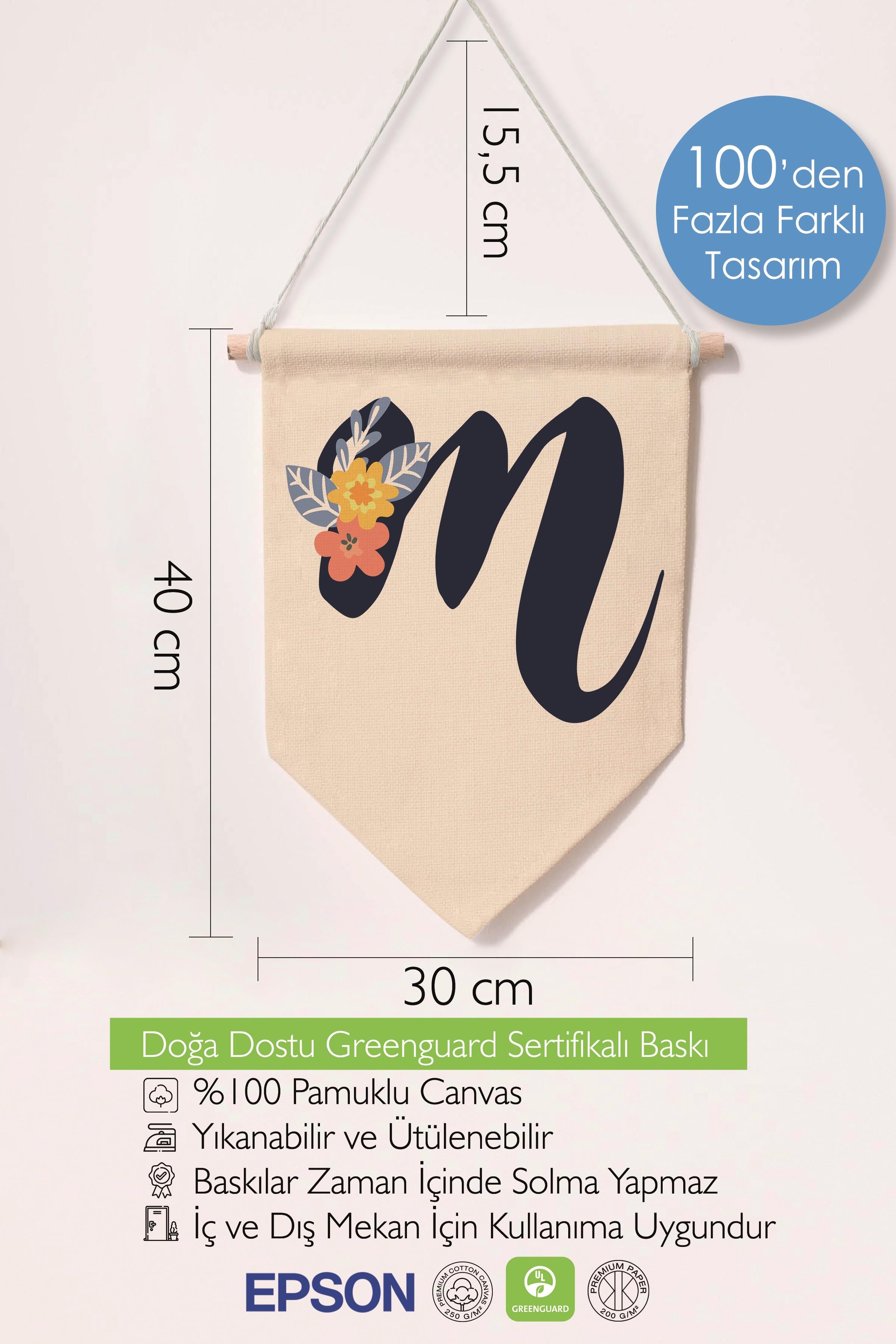 Çocuk Odası Dekor, Duvar Süsü, Ahşap Bebek Odası Dekor, Canvas Flama, Lacivert Çiçekli M Harfi