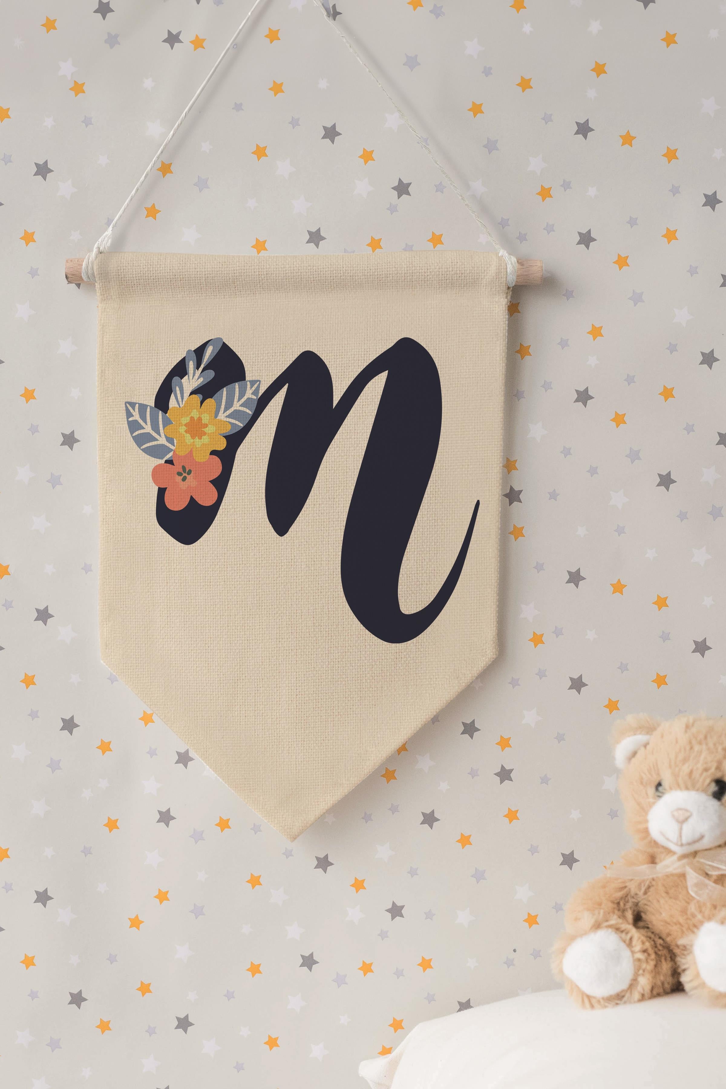 Çocuk Odası Dekor, Duvar Süsü, Ahşap Bebek Odası Dekor, Canvas Flama, Lacivert Çiçekli M Harfi