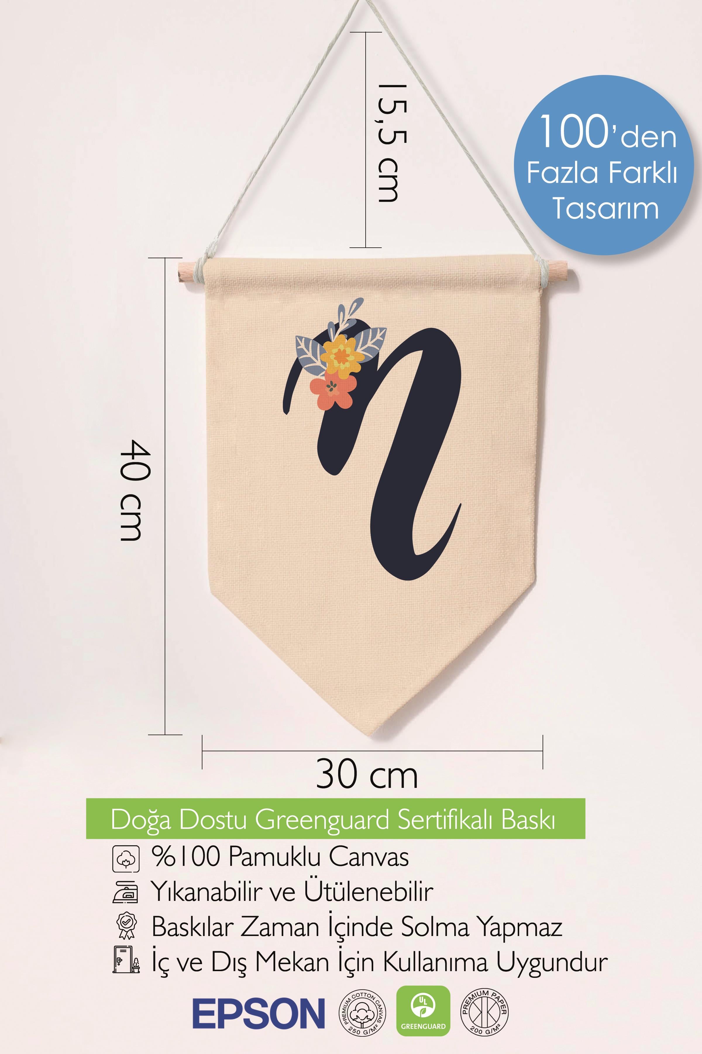 Çocuk Odası Dekor, Duvar Süsü, Ahşap Bebek Odası Dekor, Canvas Flama, Lacivert Çiçekli N Harfi