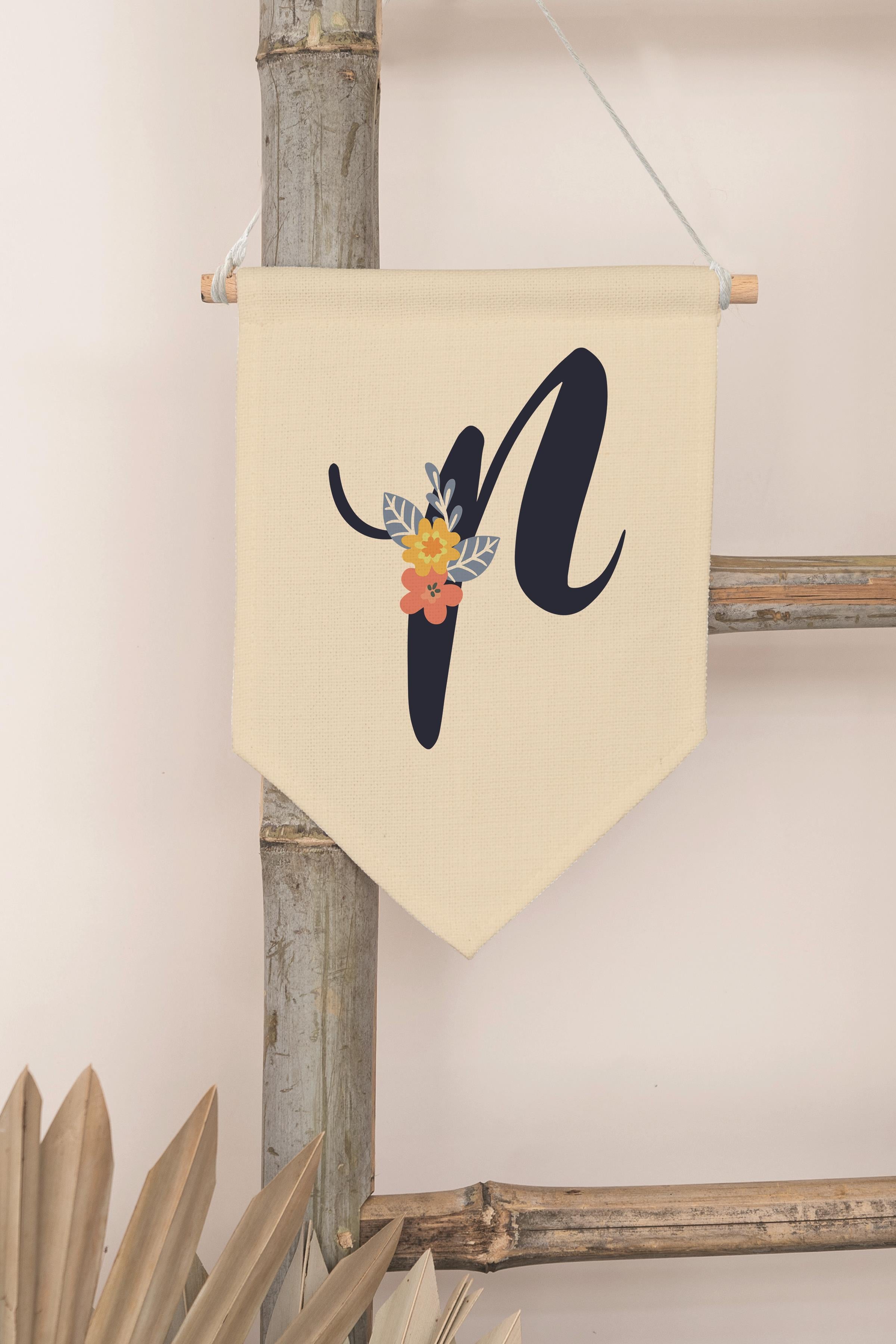 Çocuk Odası Dekor, Duvar Süsü, Ahşap Bebek Odası Dekor, Canvas Flama, Lacivert Çiçekli P Harfi
