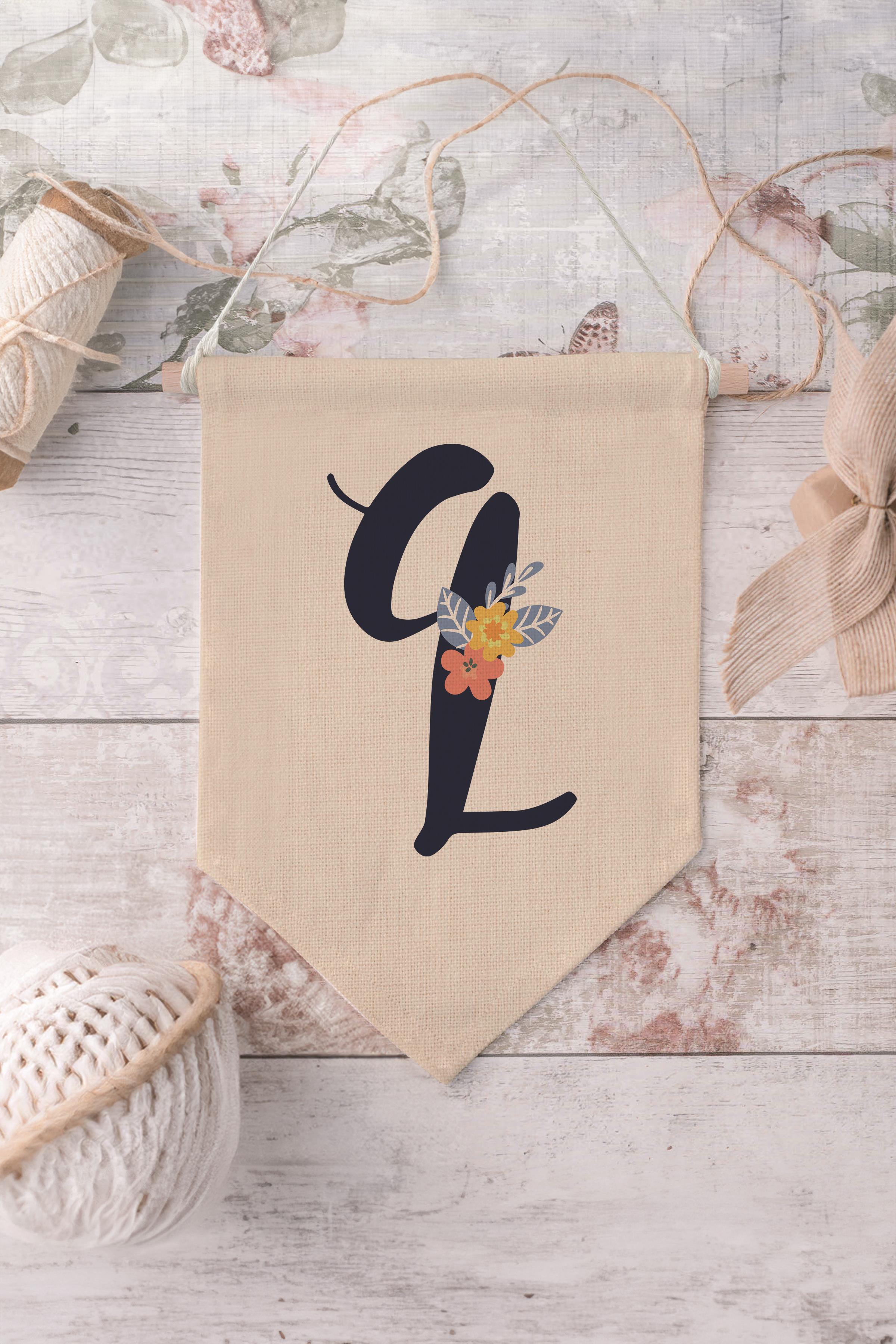 Çocuk Odası Dekor, Duvar Süsü, Ahşap Bebek Odası Dekor, Canvas Flama, Lacivert Çiçekli Q Harfi