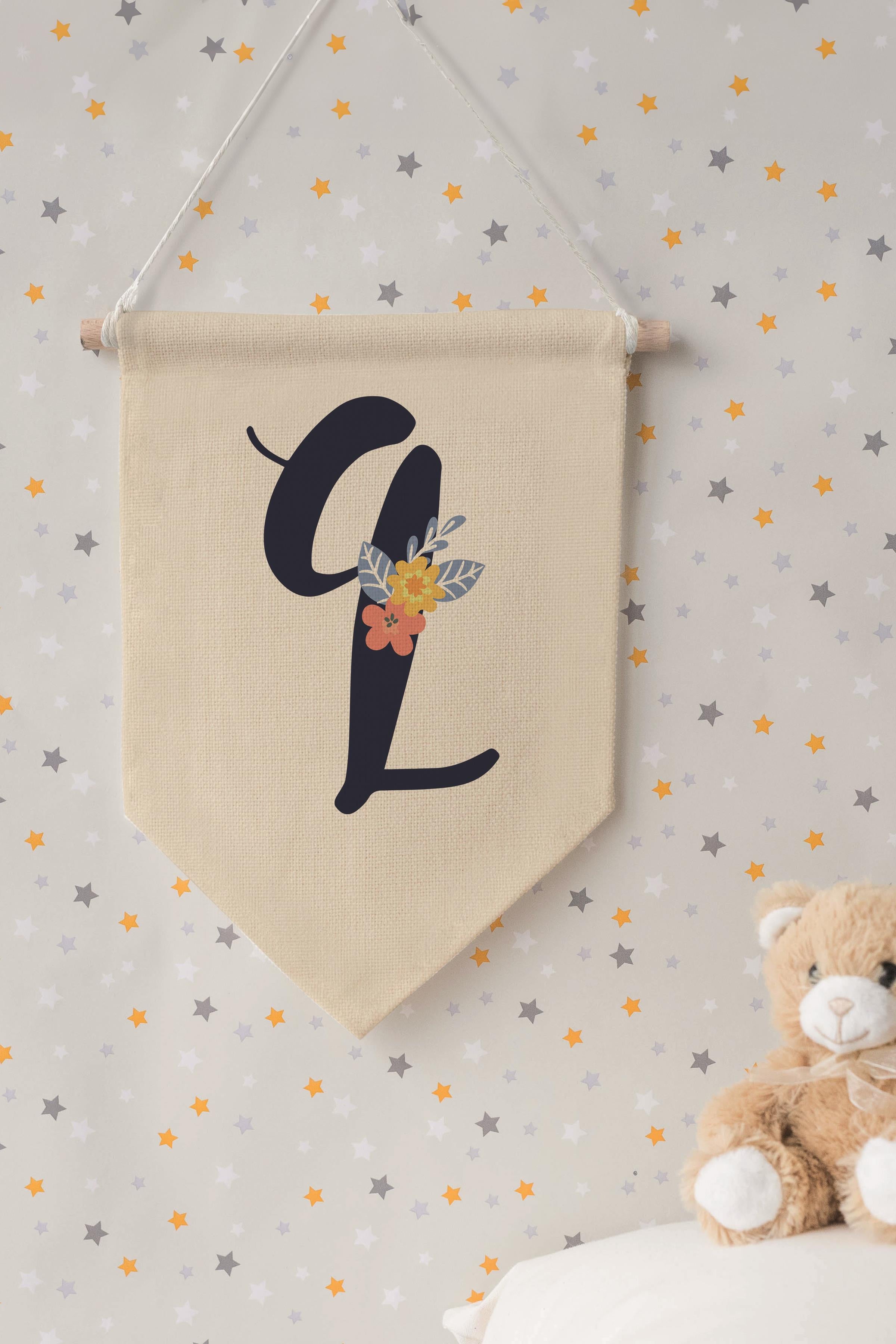 Çocuk Odası Dekor, Duvar Süsü, Ahşap Bebek Odası Dekor, Canvas Flama, Lacivert Çiçekli Q Harfi