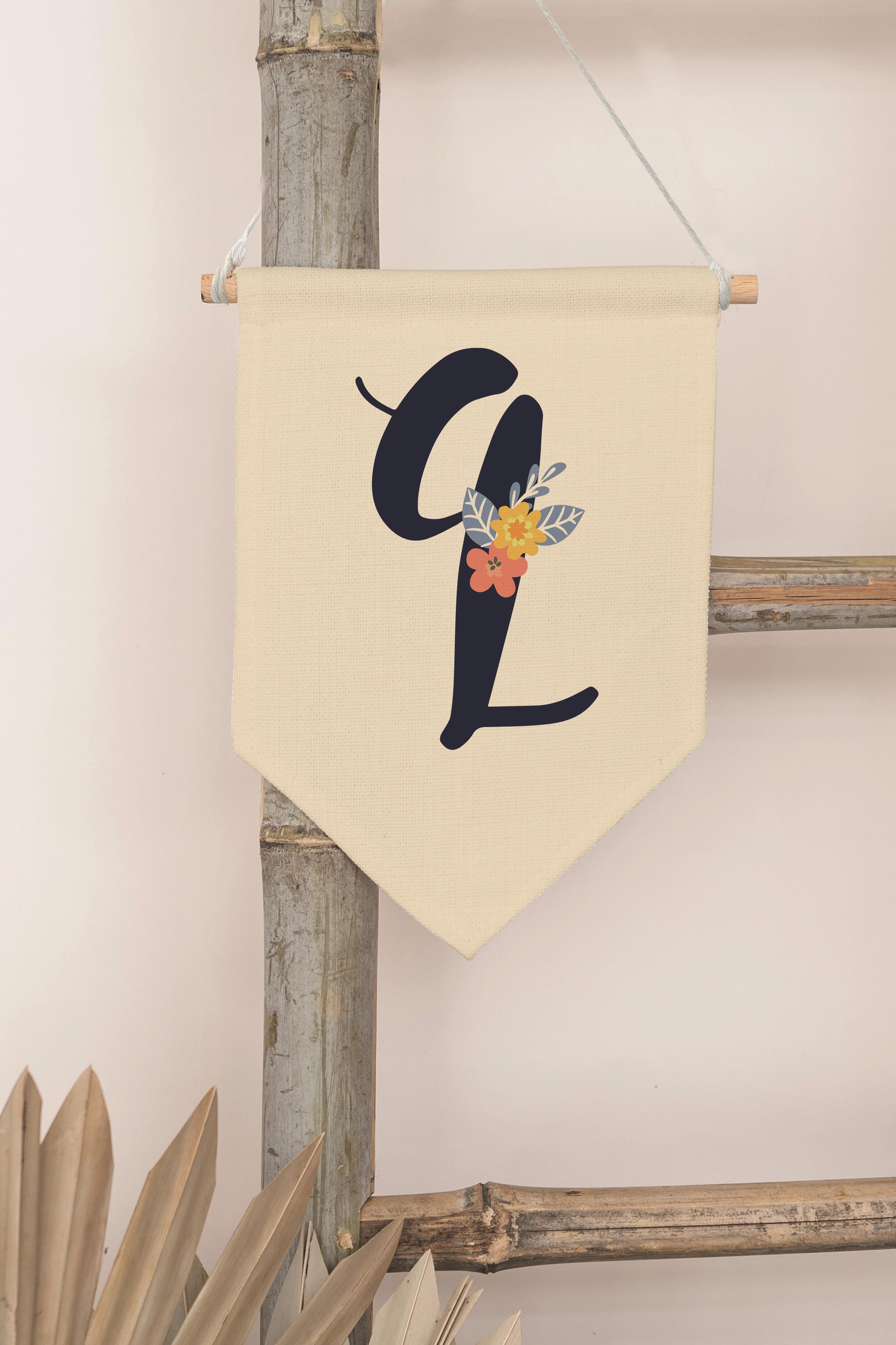Çocuk Odası Dekor, Duvar Süsü, Ahşap Bebek Odası Dekor, Canvas Flama, Lacivert Çiçekli Q Harfi