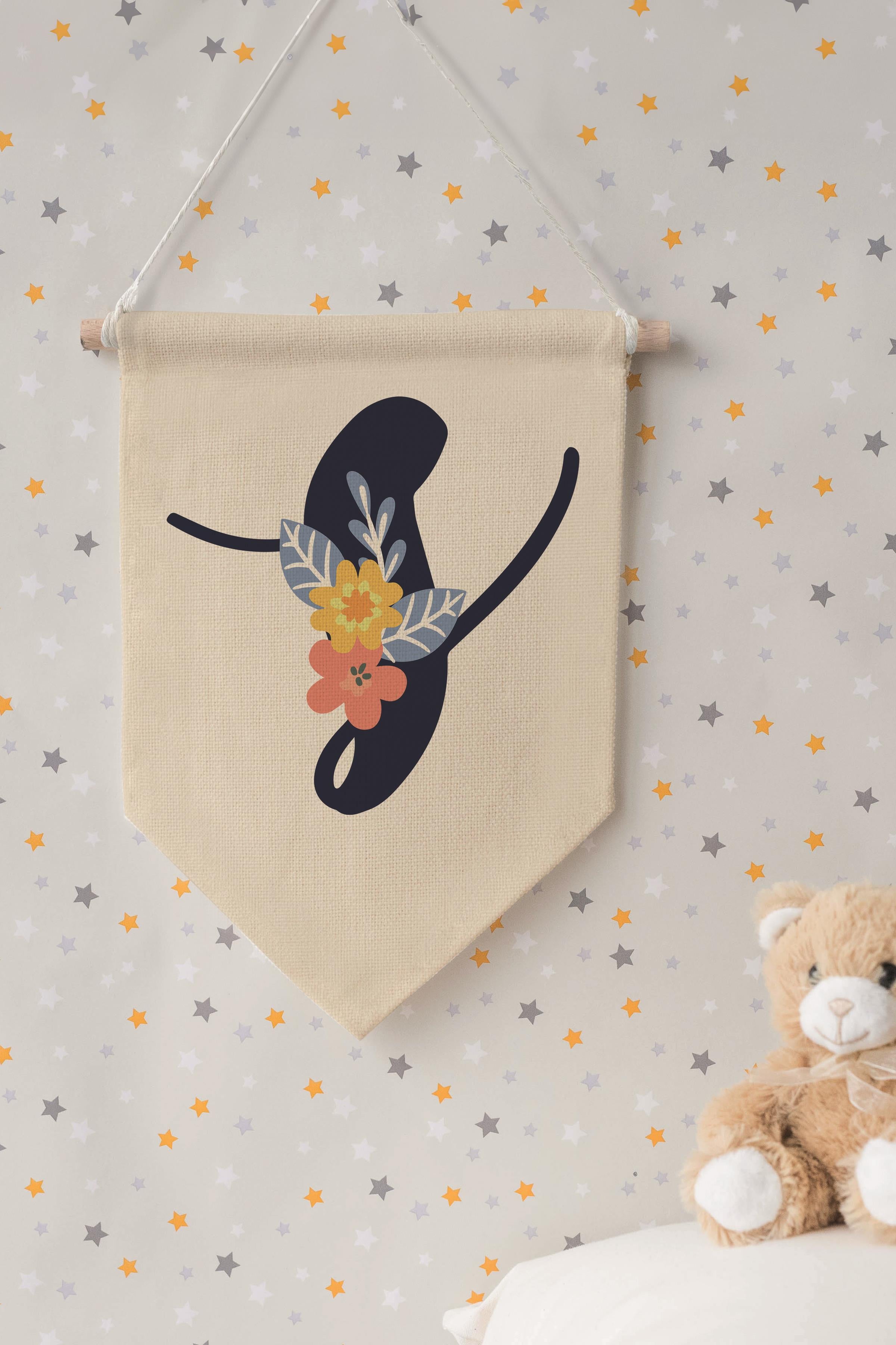 Çocuk Odası Dekor, Duvar Süsü, Ahşap Bebek Odası Dekor, Canvas Flama, Lacivert Çiçekli S Harfi