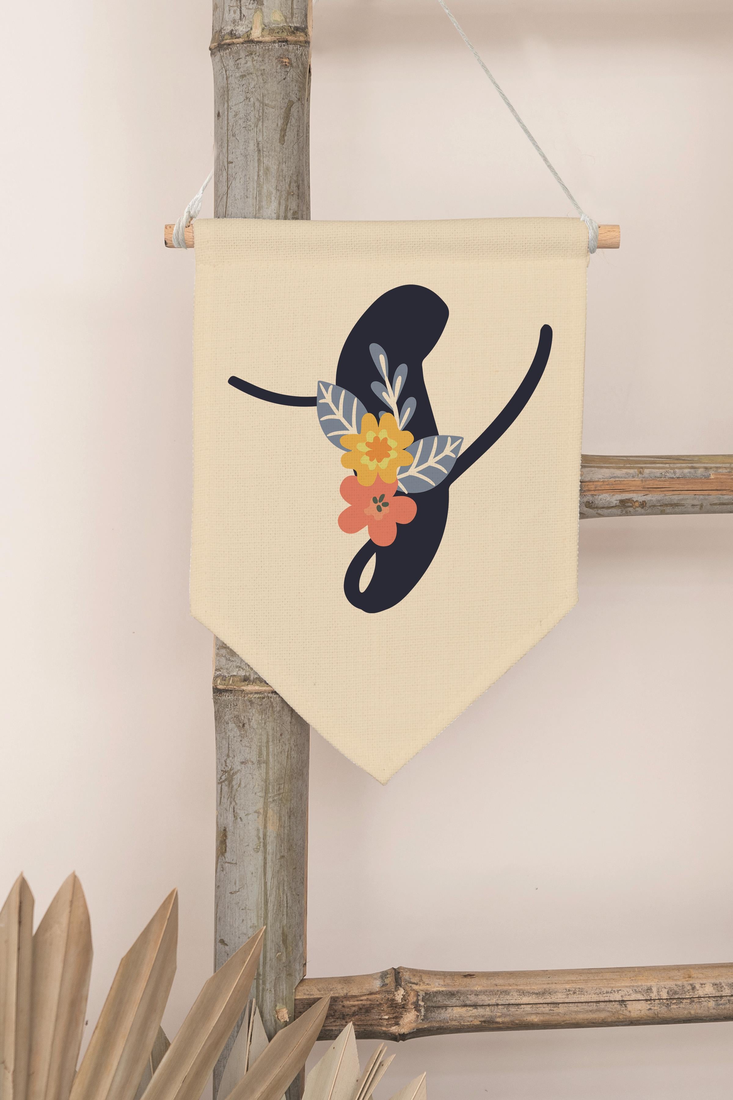 Çocuk Odası Dekor, Duvar Süsü, Ahşap Bebek Odası Dekor, Canvas Flama, Lacivert Çiçekli S Harfi