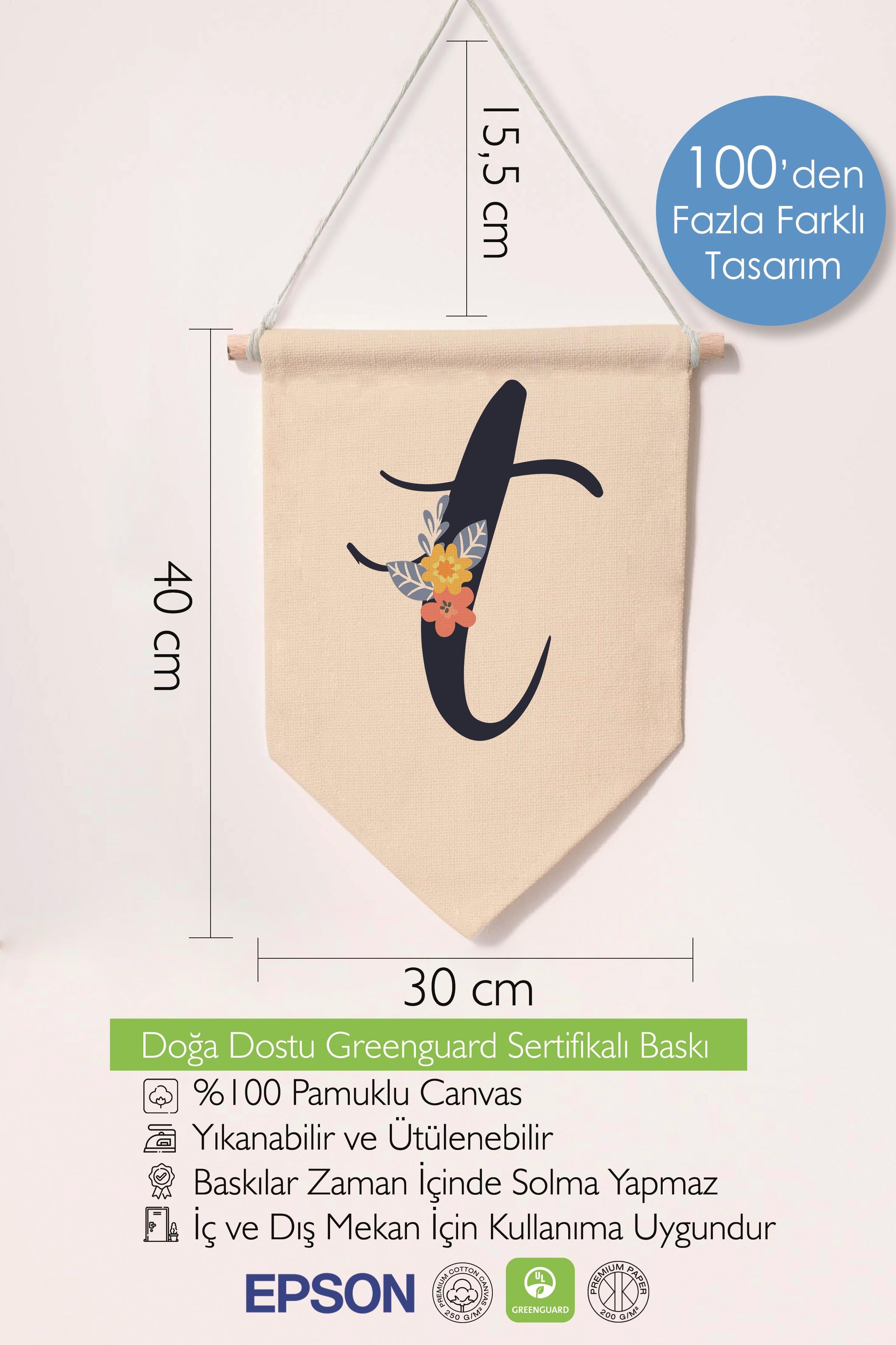 Çocuk Odası Dekor, Duvar Süsü, Ahşap Bebek Odası Dekor, Canvas Flama, Lacivert Çiçekli T Harfi