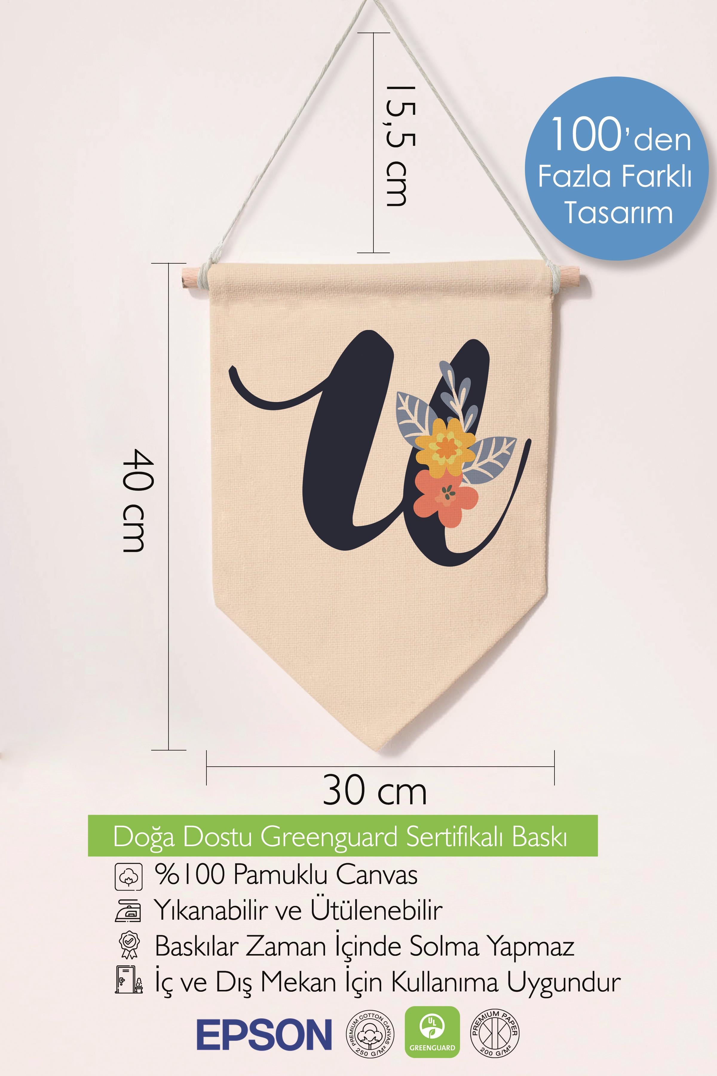 Çocuk Odası Dekor, Duvar Süsü, Ahşap Bebek Odası Dekor, Canvas Flama, Lacivert Çiçekli U Harfi