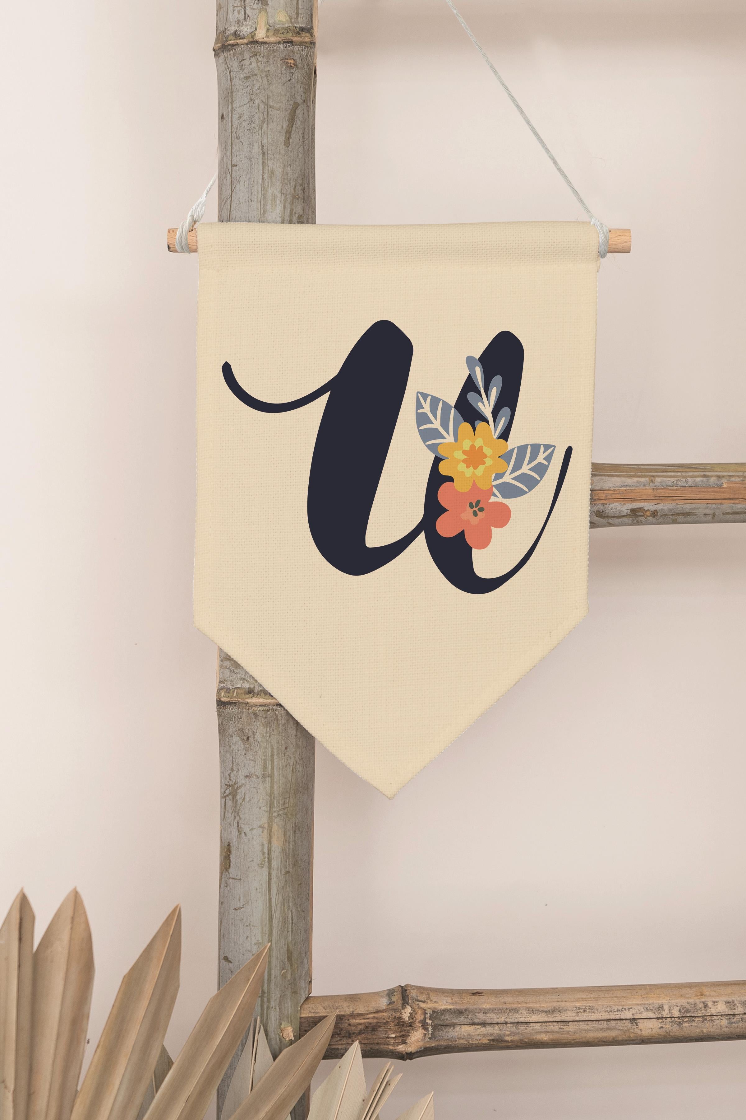 Çocuk Odası Dekor, Duvar Süsü, Ahşap Bebek Odası Dekor, Canvas Flama, Lacivert Çiçekli U Harfi