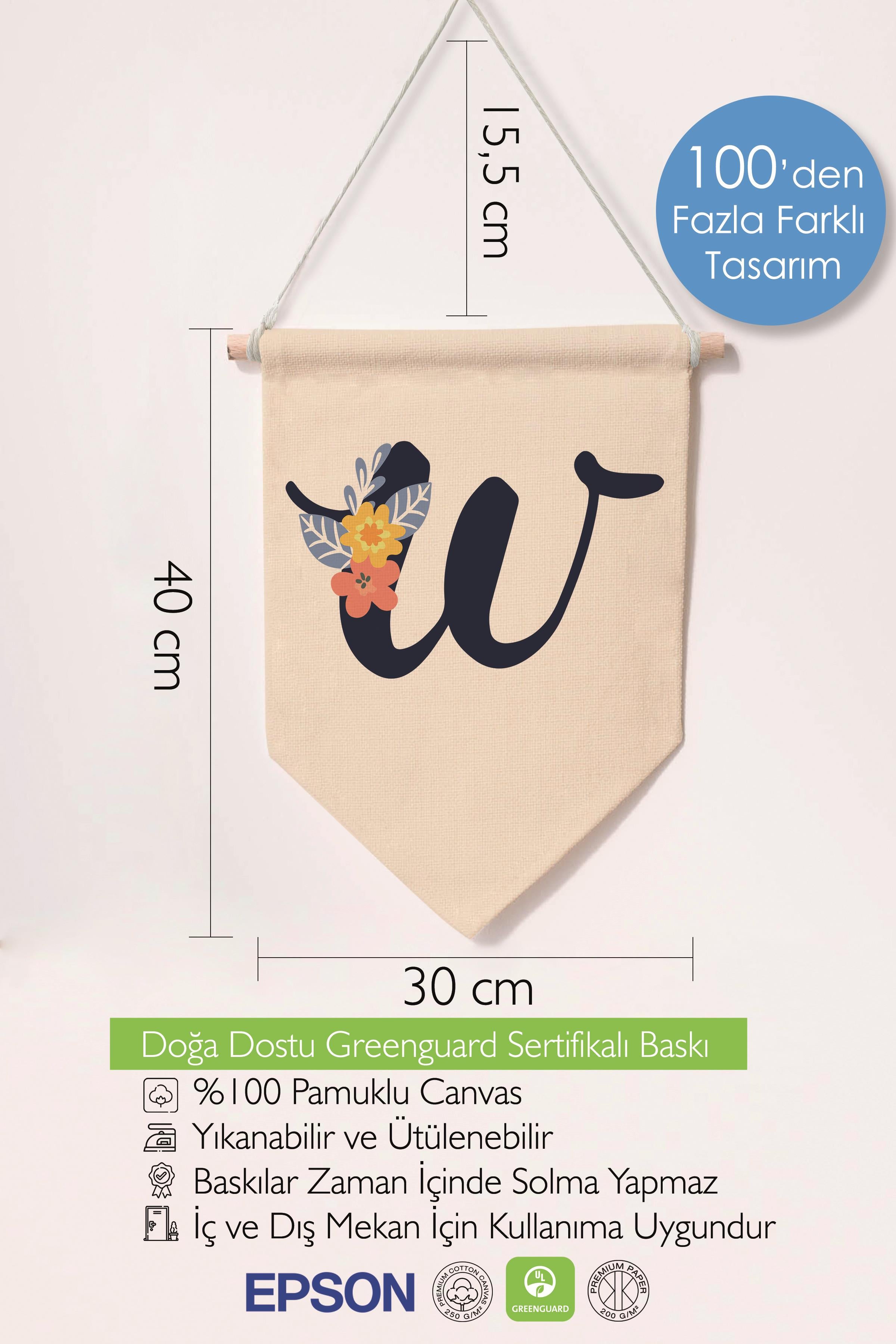 Çocuk Odası Dekor, Duvar Süsü, Ahşap Bebek Odası Dekor, Canvas Flama, Lacivert Çiçekli W Harfi