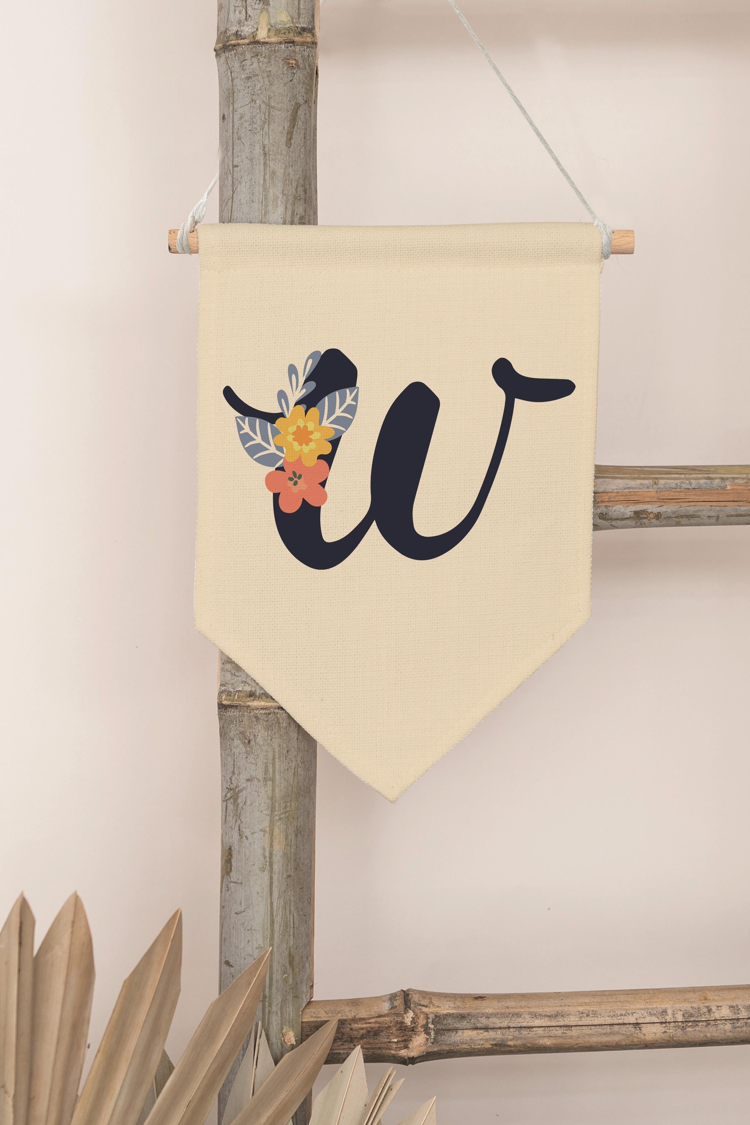 Çocuk Odası Dekor, Duvar Süsü, Ahşap Bebek Odası Dekor, Canvas Flama, Lacivert Çiçekli W Harfi