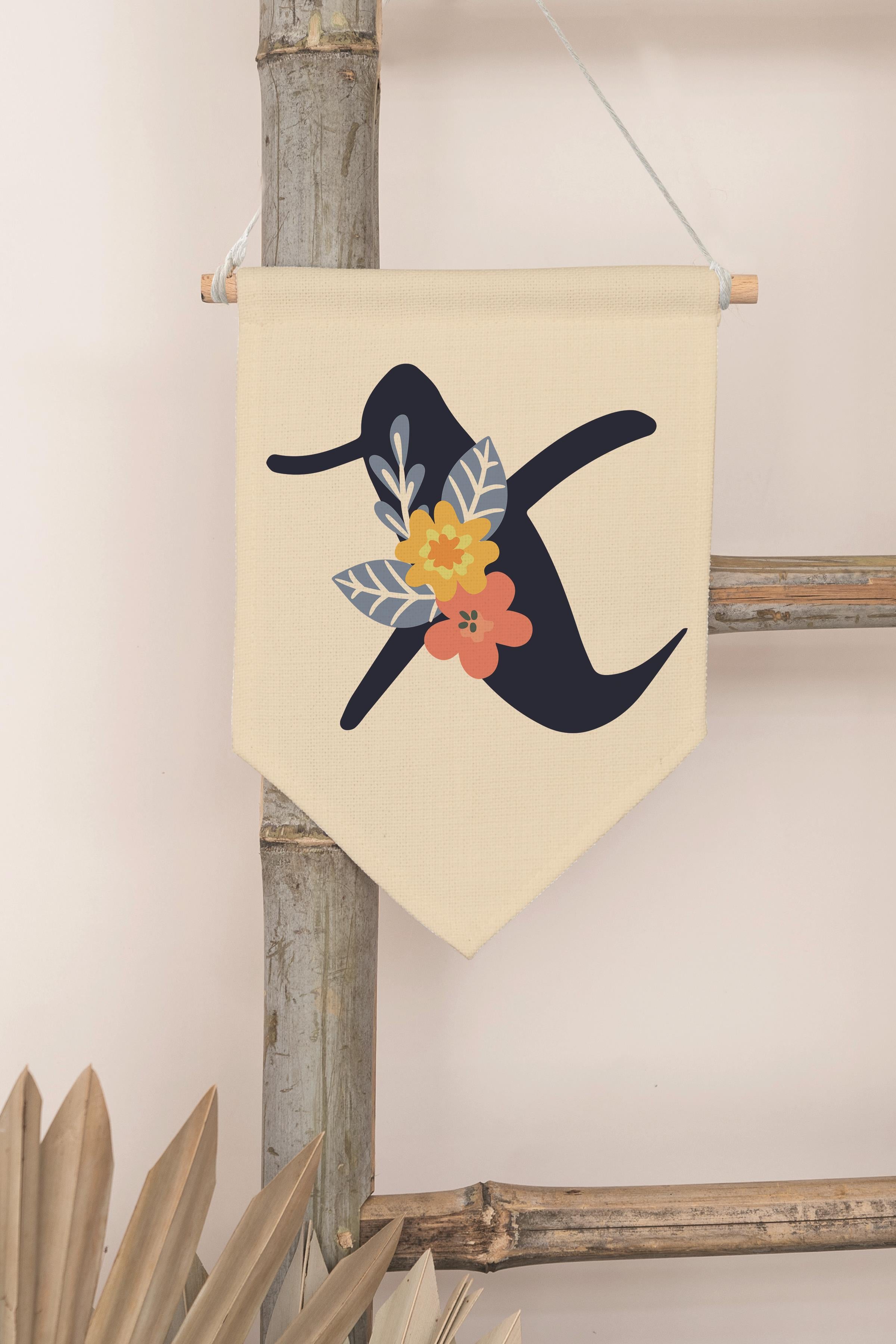 Çocuk Odası Dekor, Duvar Süsü, Ahşap Bebek Odası Dekor, Canvas Flama, Lacivert Çiçekli X Harfi