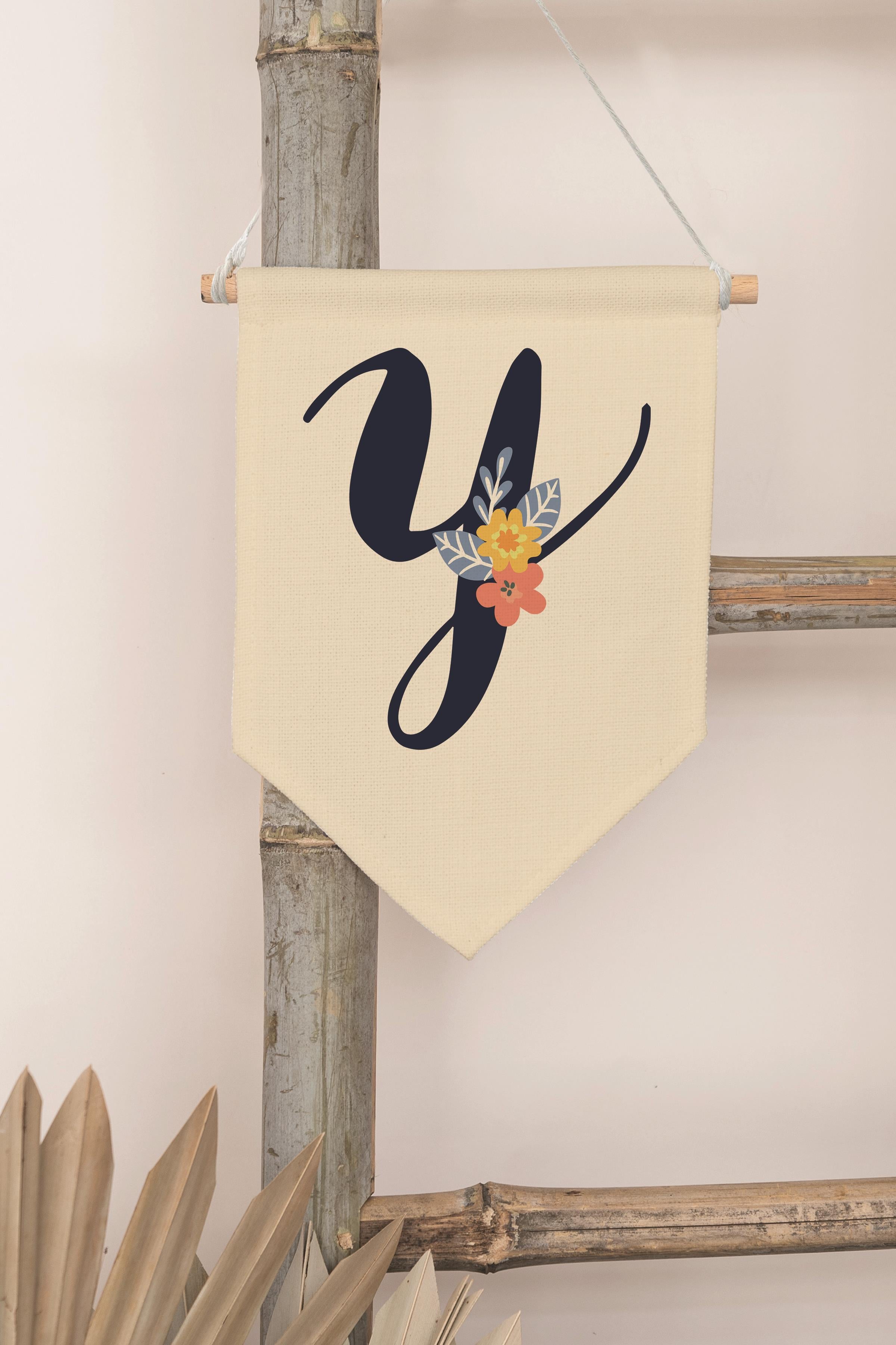 Çocuk Odası Dekor, Duvar Süsü, Ahşap Bebek Odası Dekor, Canvas Flama, Lacivert Çiçekli Y Harfi