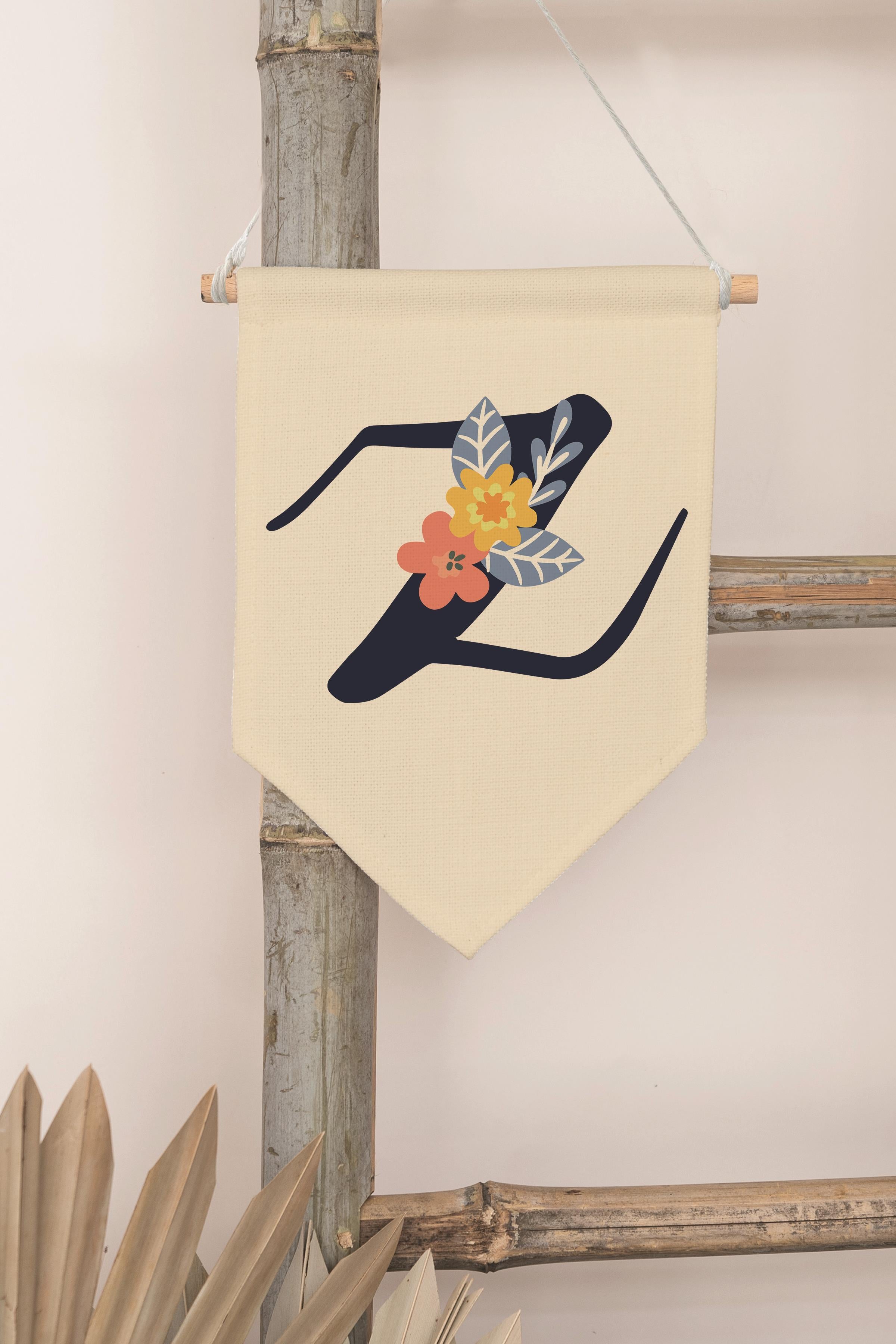 Çocuk Odası Dekor, Duvar Süsü, Ahşap Bebek Odası Dekor, Canvas Flama, Lacivert Çiçekli Z Harfi