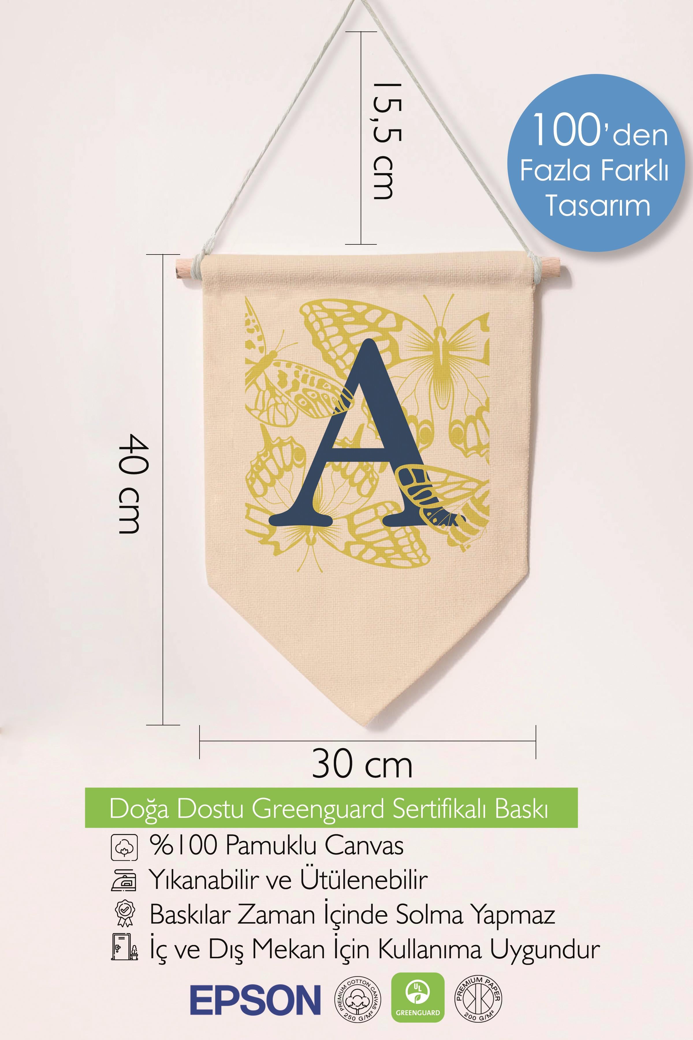 Çocuk Odası Dekor, Duvar Süsü, Ahşap Bebek Odası Dekor, Canvas Flama, Lacivert ve Sarı Çiçek Desenli A Harfi