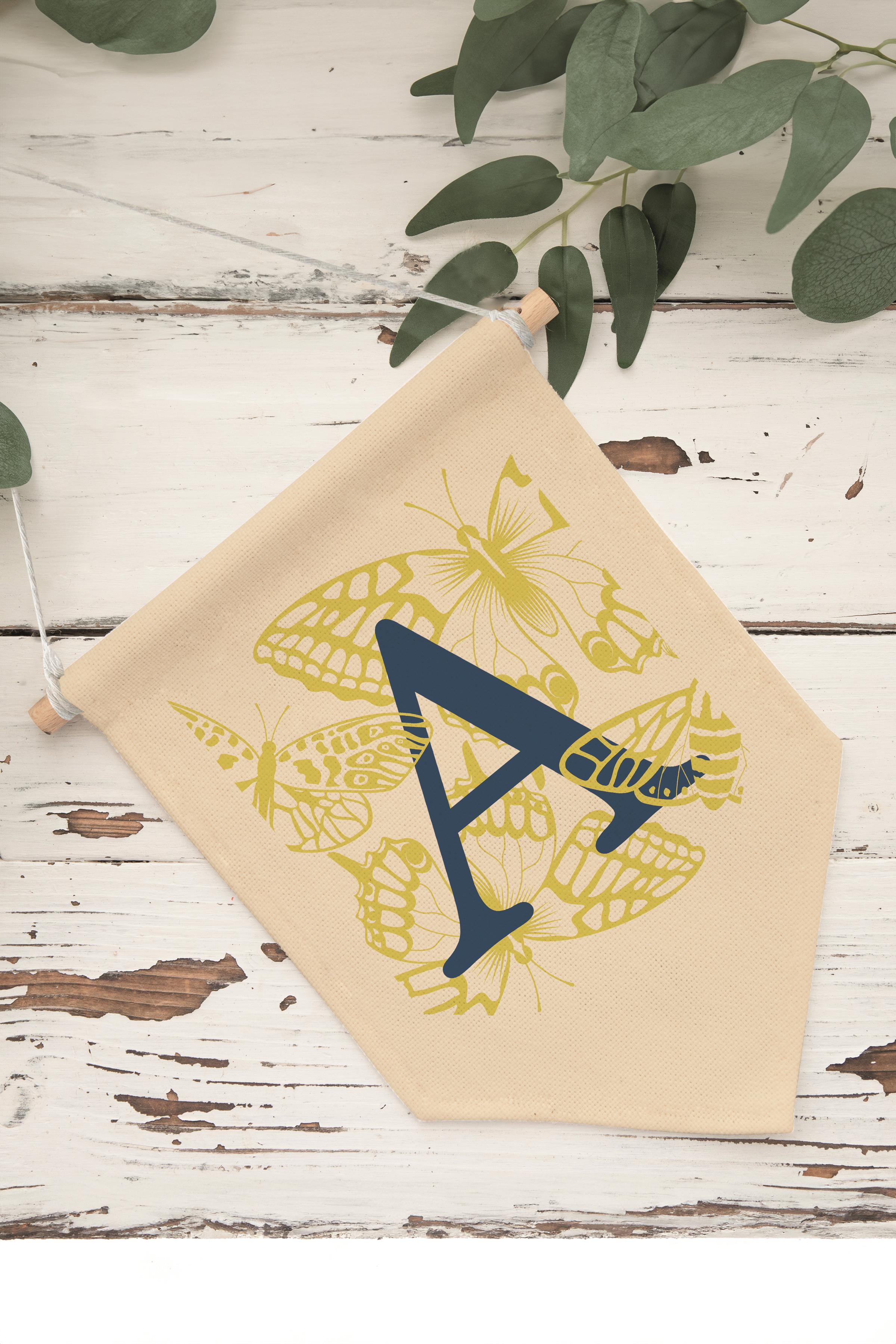 Çocuk Odası Dekor, Duvar Süsü, Ahşap Bebek Odası Dekor, Canvas Flama, Lacivert ve Sarı Çiçek Desenli A Harfi