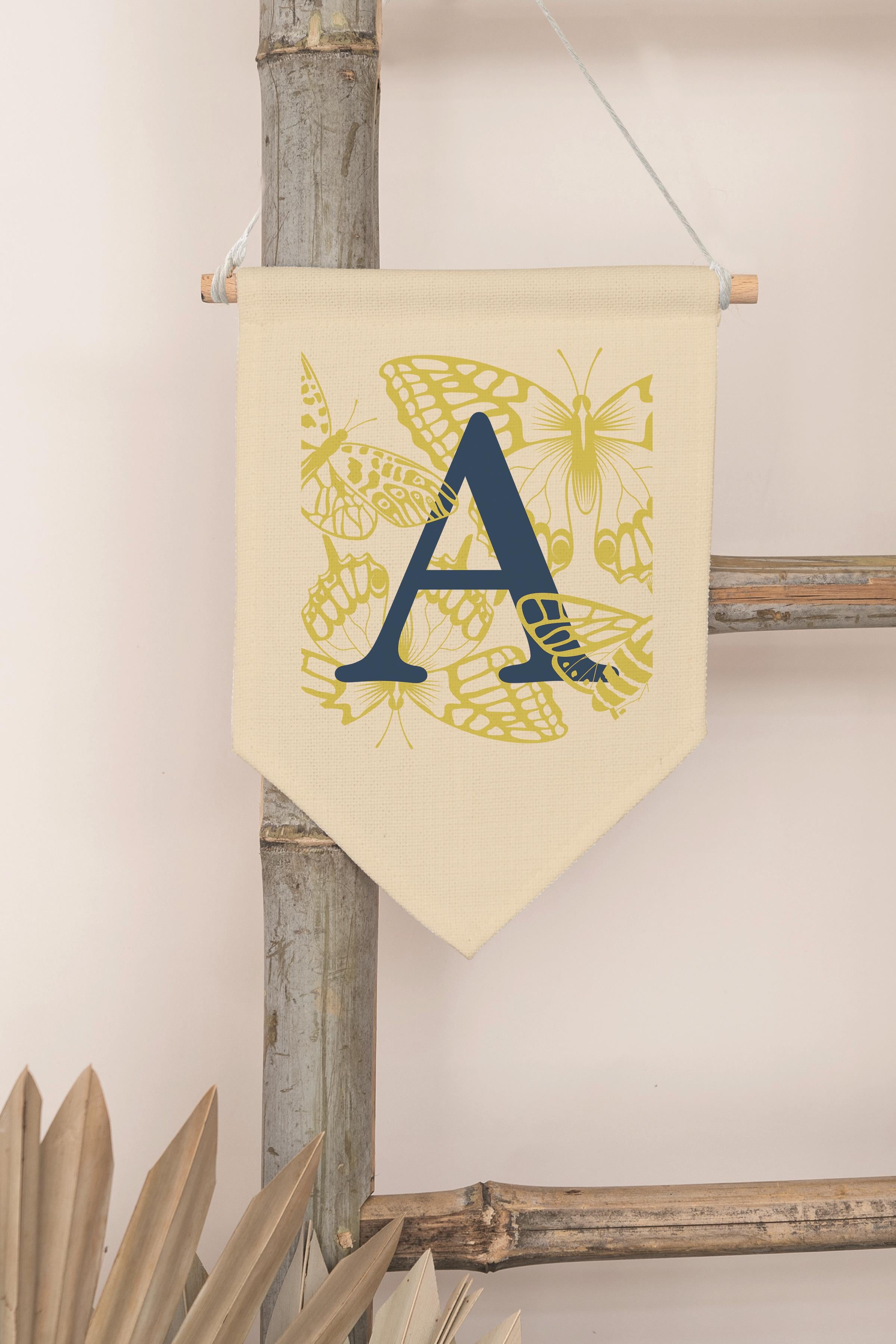 Çocuk Odası Dekor, Duvar Süsü, Ahşap Bebek Odası Dekor, Canvas Flama, Lacivert ve Sarı Çiçek Desenli A Harfi