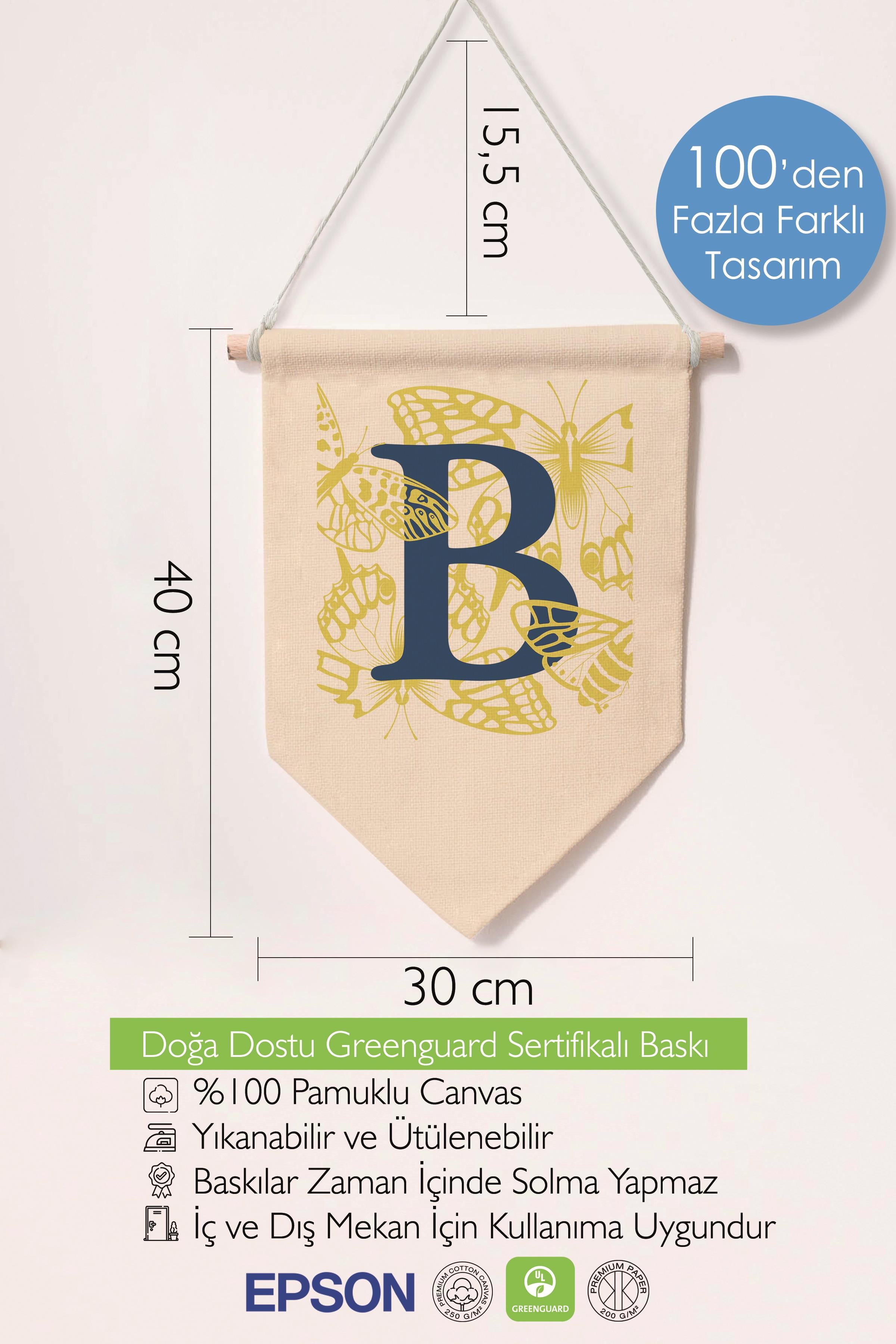 Çocuk Odası Dekor, Duvar Süsü, Ahşap Bebek Odası Dekor, Canvas Flama, Lacivert ve Sarı Çiçek Desenli B Harfi