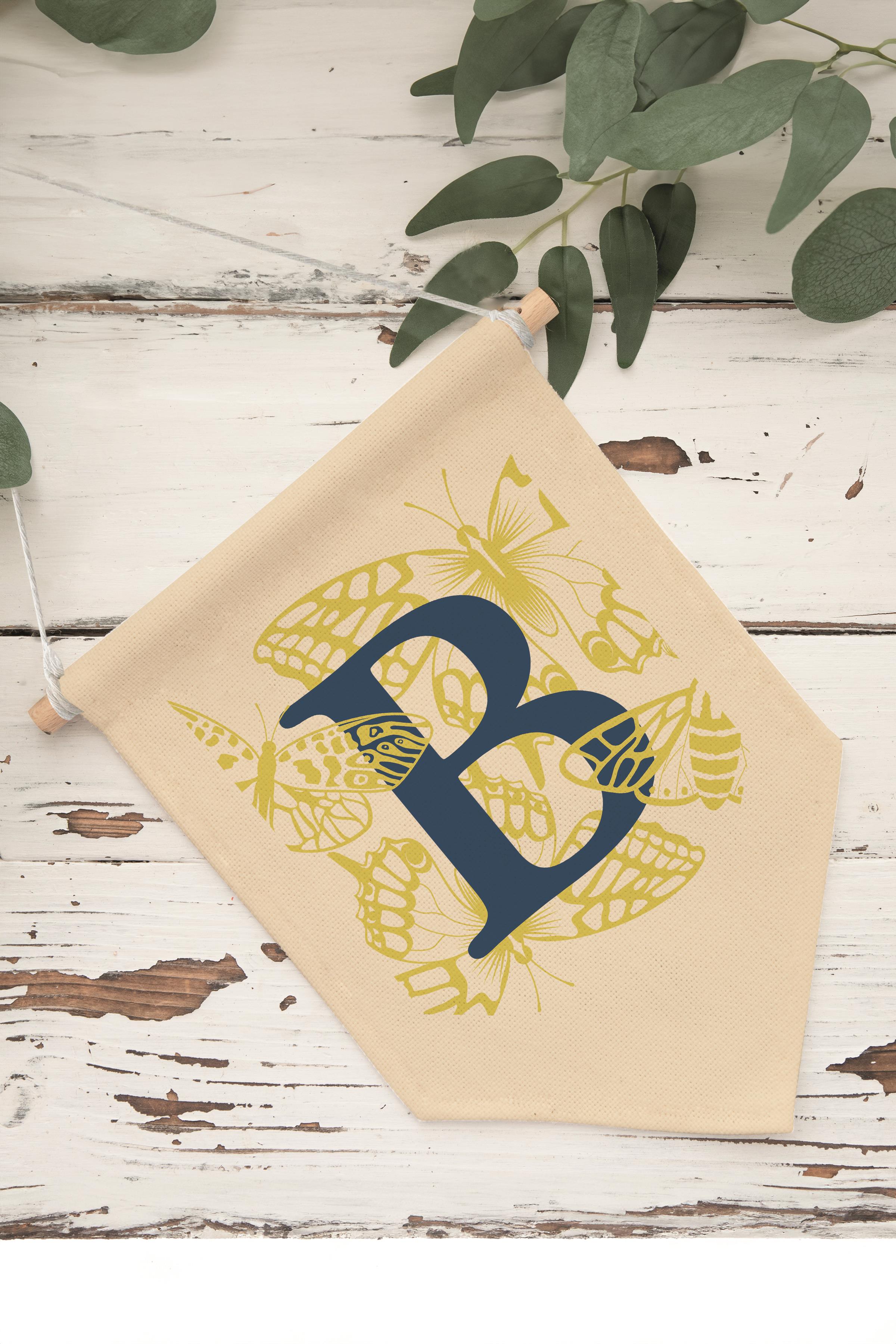 Çocuk Odası Dekor, Duvar Süsü, Ahşap Bebek Odası Dekor, Canvas Flama, Lacivert ve Sarı Çiçek Desenli B Harfi