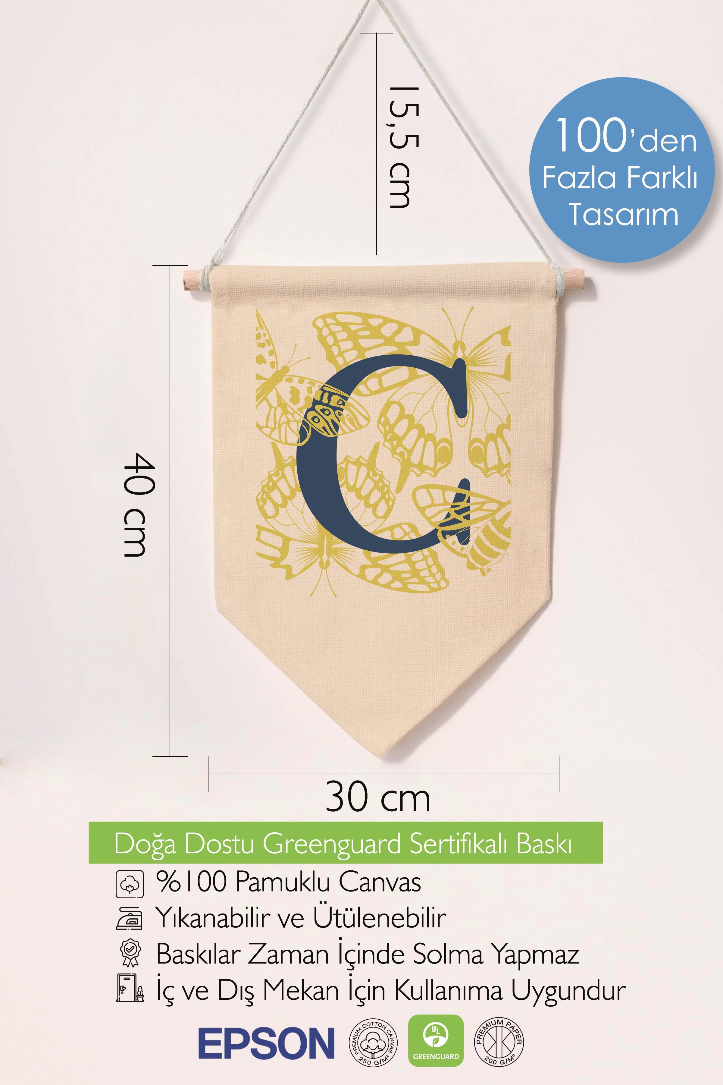 Çocuk Odası Dekor, Duvar Süsü, Ahşap Bebek Odası Dekor, Canvas Flama, Lacivert ve Sarı Çiçek Desenli C Harfi