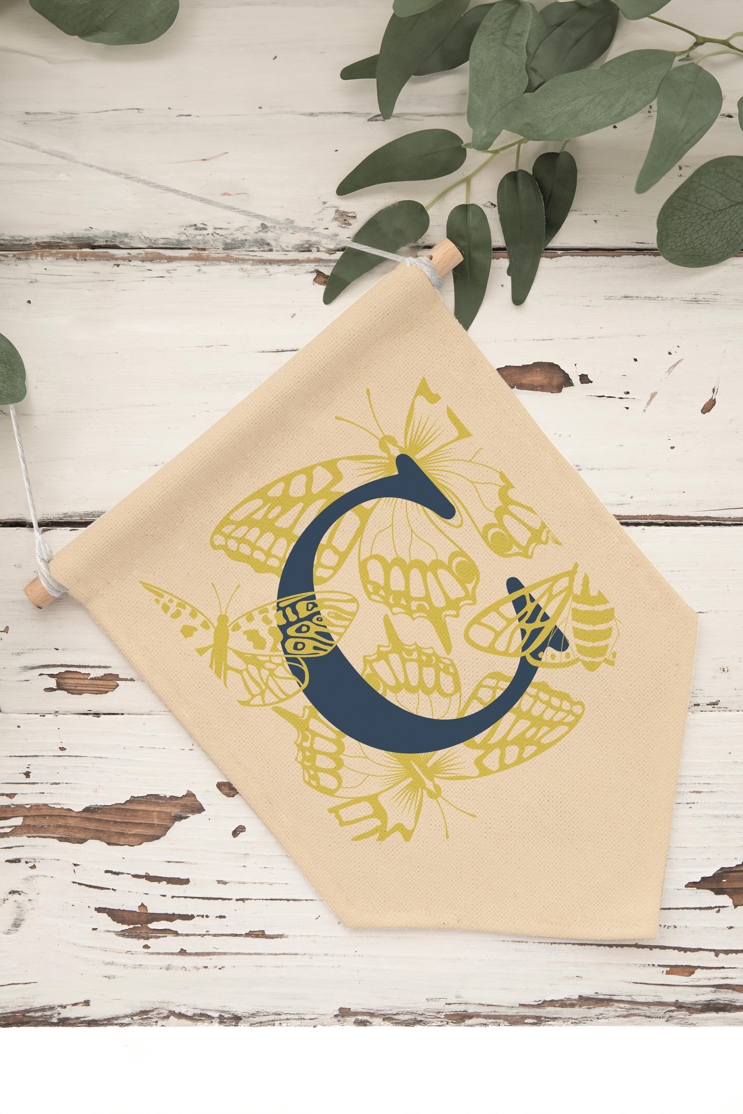 Çocuk Odası Dekor, Duvar Süsü, Ahşap Bebek Odası Dekor, Canvas Flama, Lacivert ve Sarı Çiçek Desenli C Harfi
