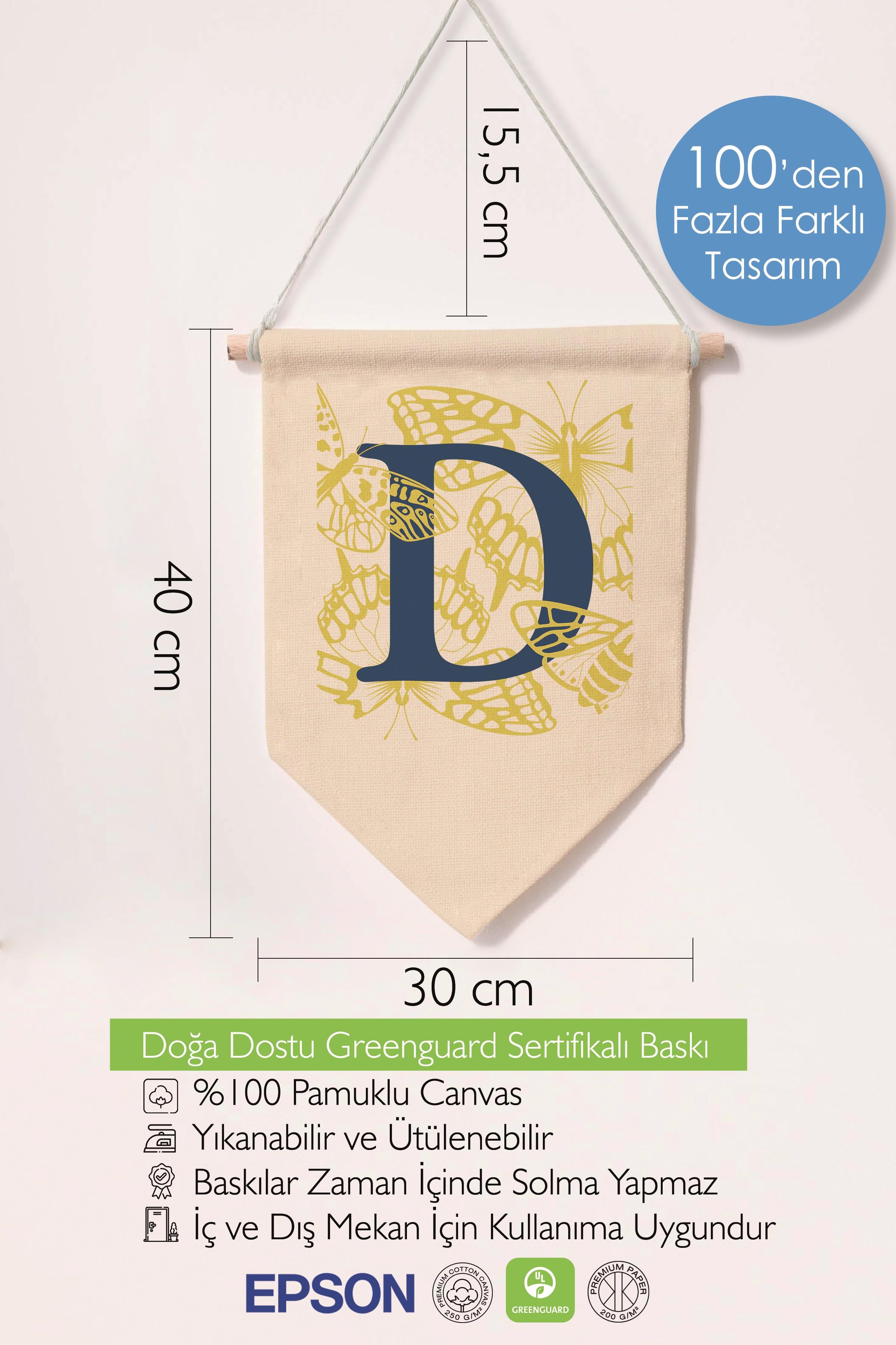 Çocuk Odası Dekor, Duvar Süsü, Ahşap Bebek Odası Dekor, Canvas Flama, Lacivert ve Sarı Çiçek Desenli D Harfi