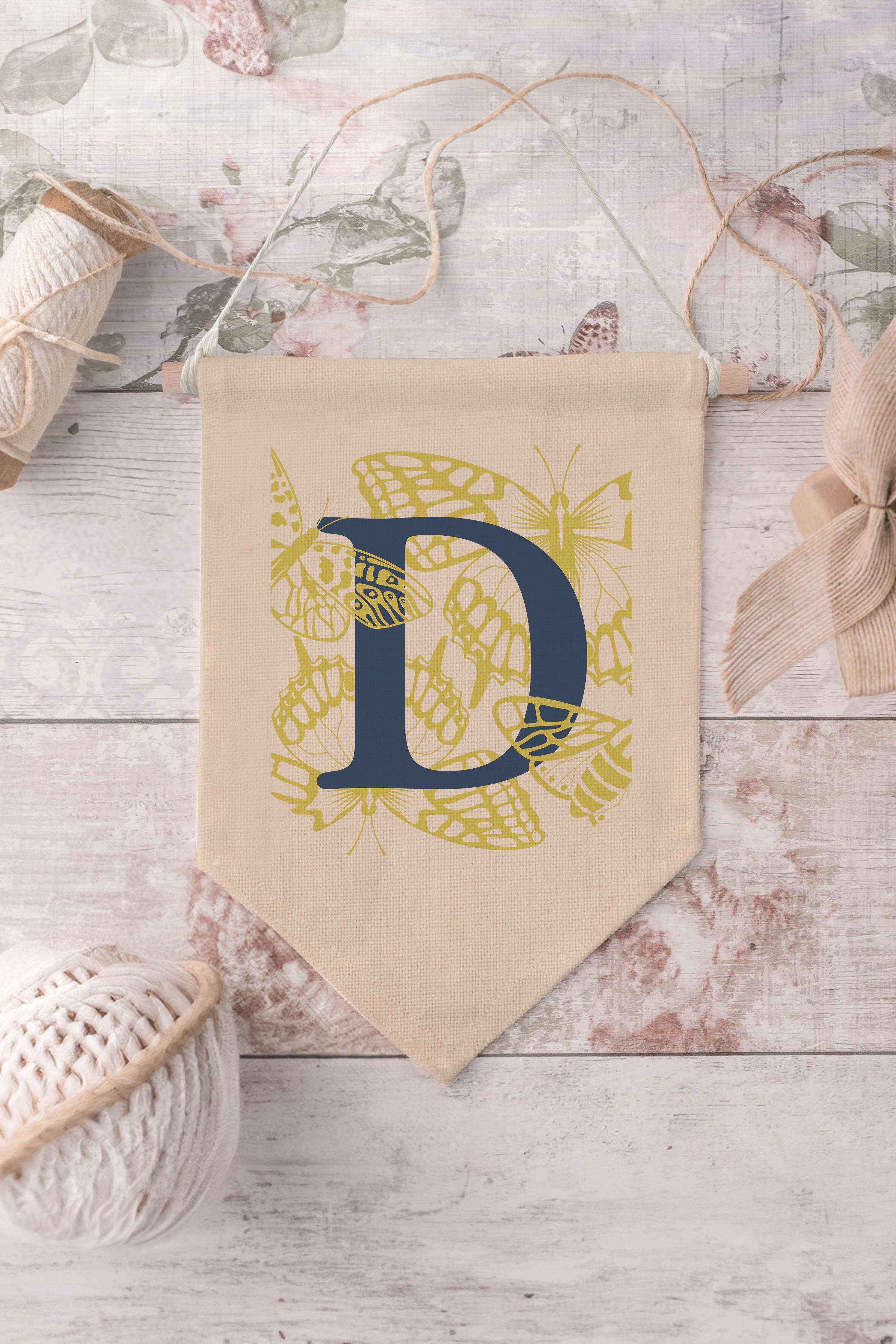 Çocuk Odası Dekor, Duvar Süsü, Ahşap Bebek Odası Dekor, Canvas Flama, Lacivert ve Sarı Çiçek Desenli D Harfi