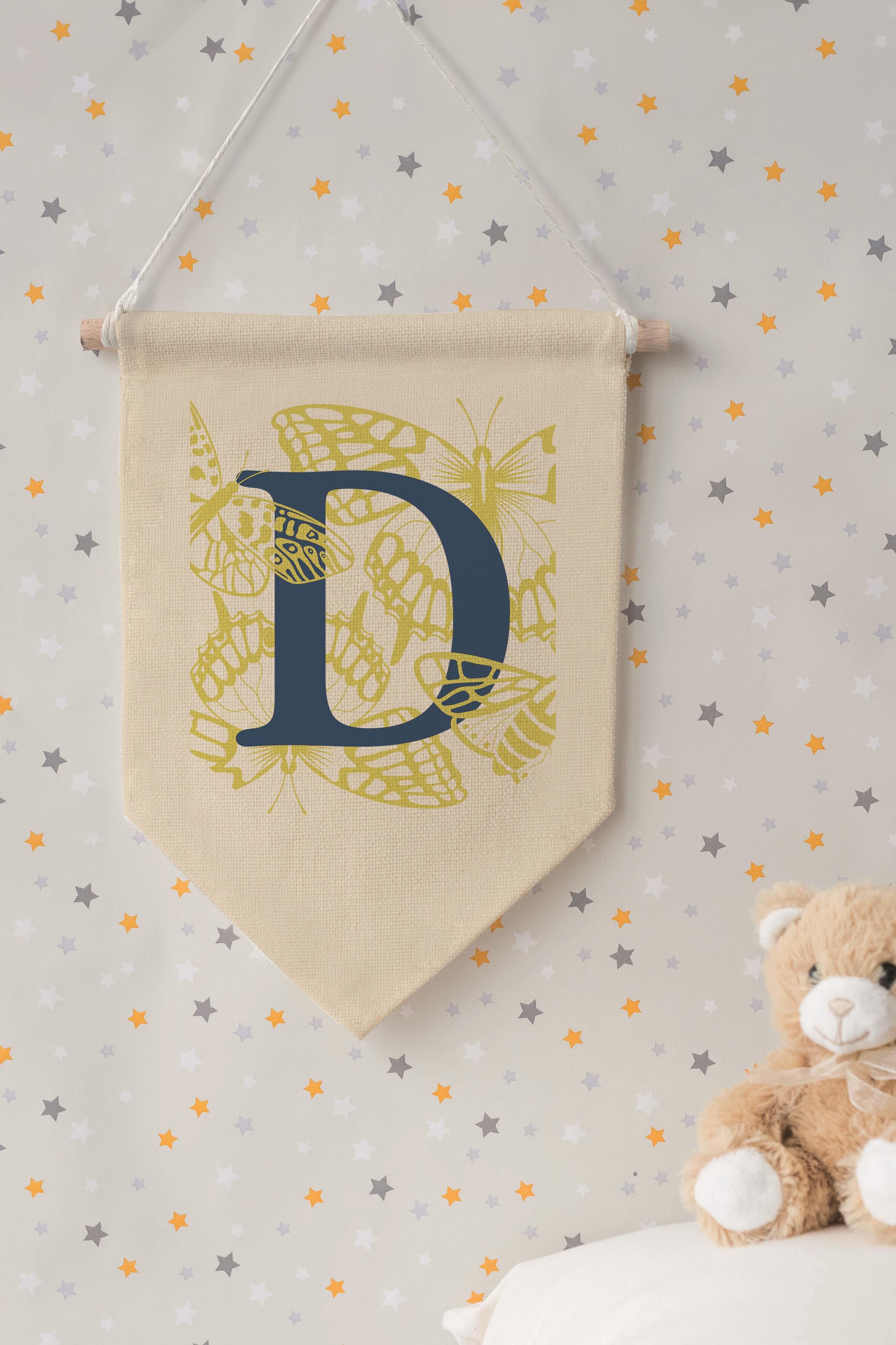 Çocuk Odası Dekor, Duvar Süsü, Ahşap Bebek Odası Dekor, Canvas Flama, Lacivert ve Sarı Çiçek Desenli D Harfi