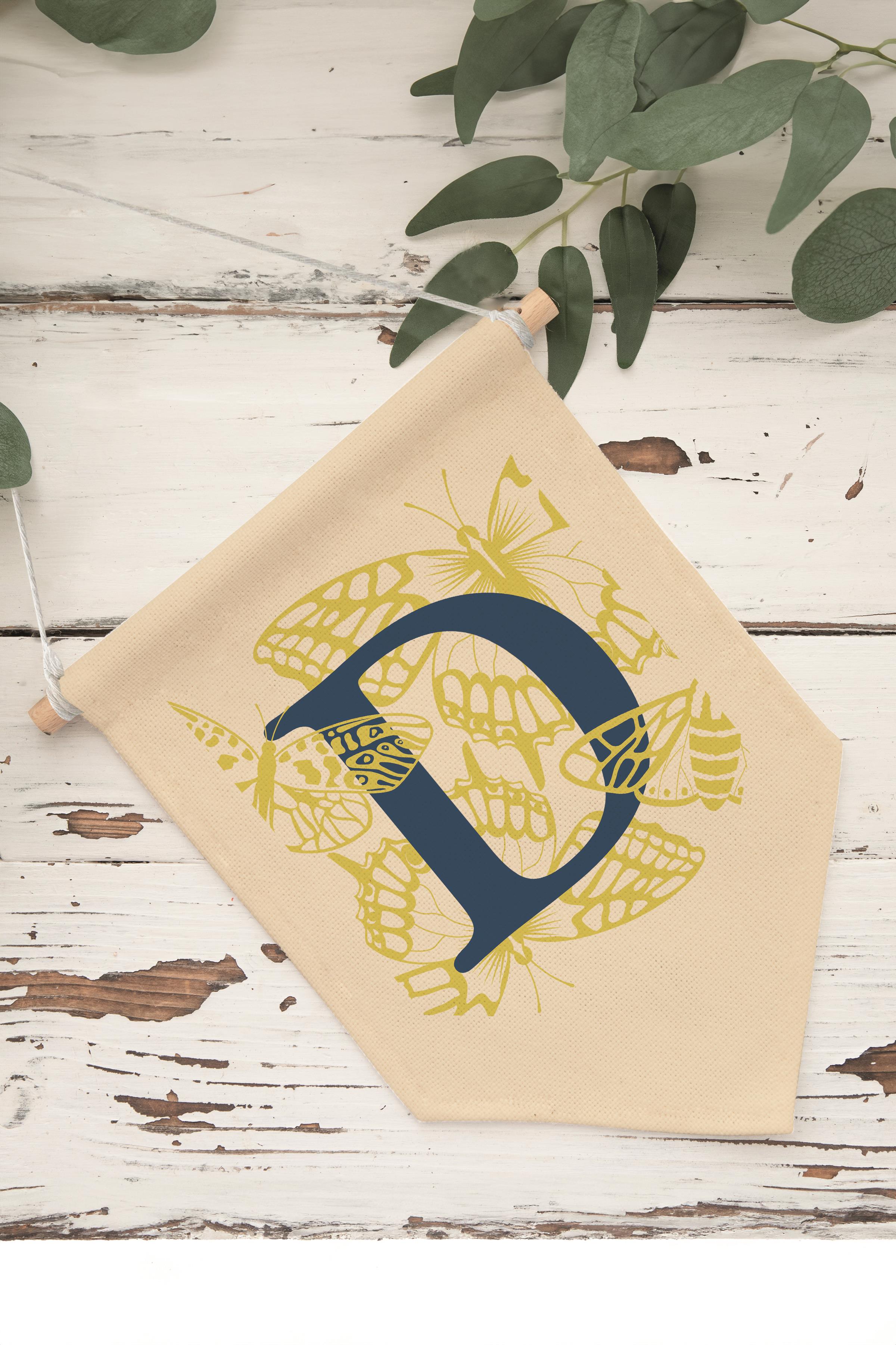 Çocuk Odası Dekor, Duvar Süsü, Ahşap Bebek Odası Dekor, Canvas Flama, Lacivert ve Sarı Çiçek Desenli D Harfi
