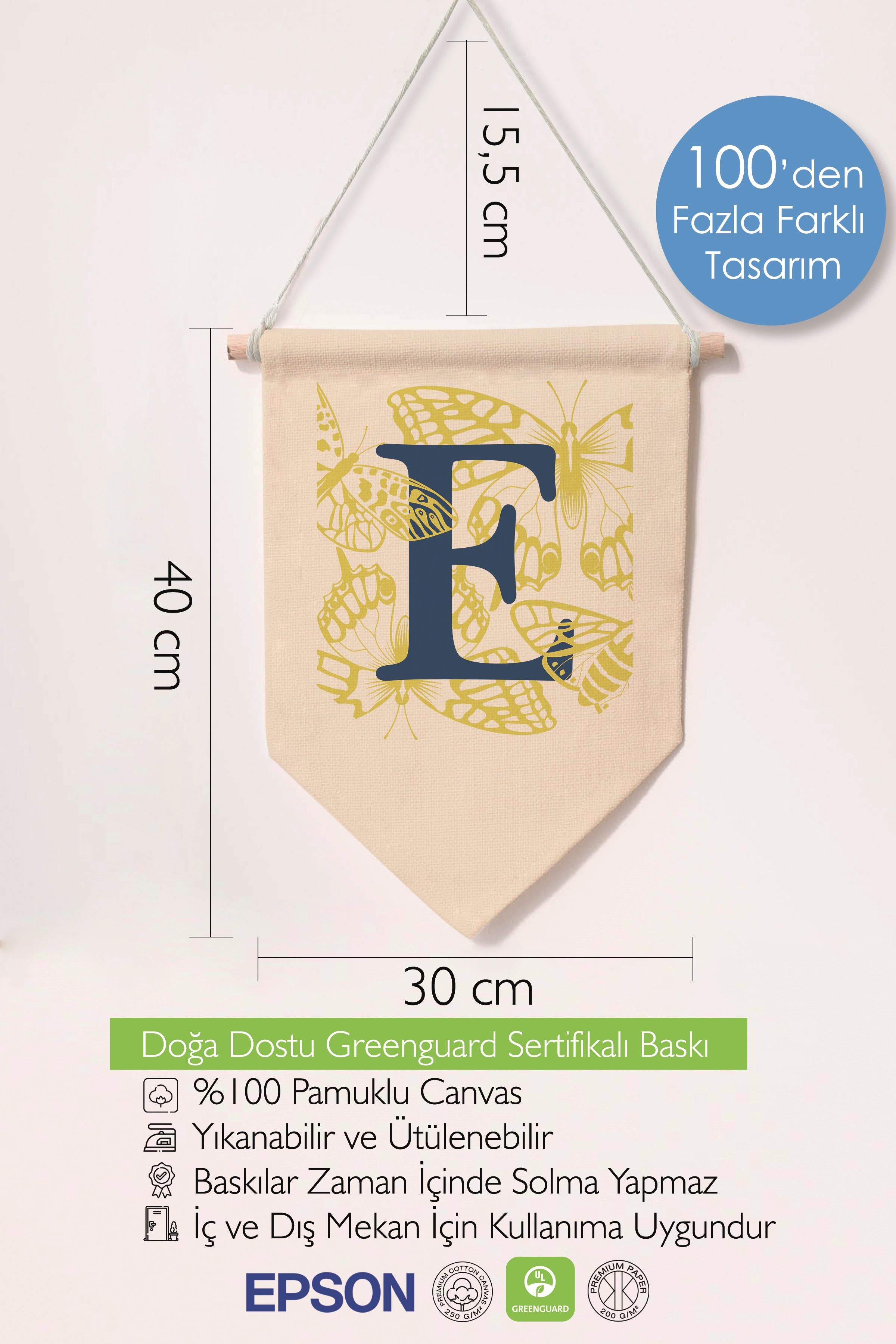 Çocuk Odası Dekor, Duvar Süsü, Ahşap Bebek Odası Dekor, Canvas Flama, Lacivert ve Sarı Çiçek Desenli E Harfi