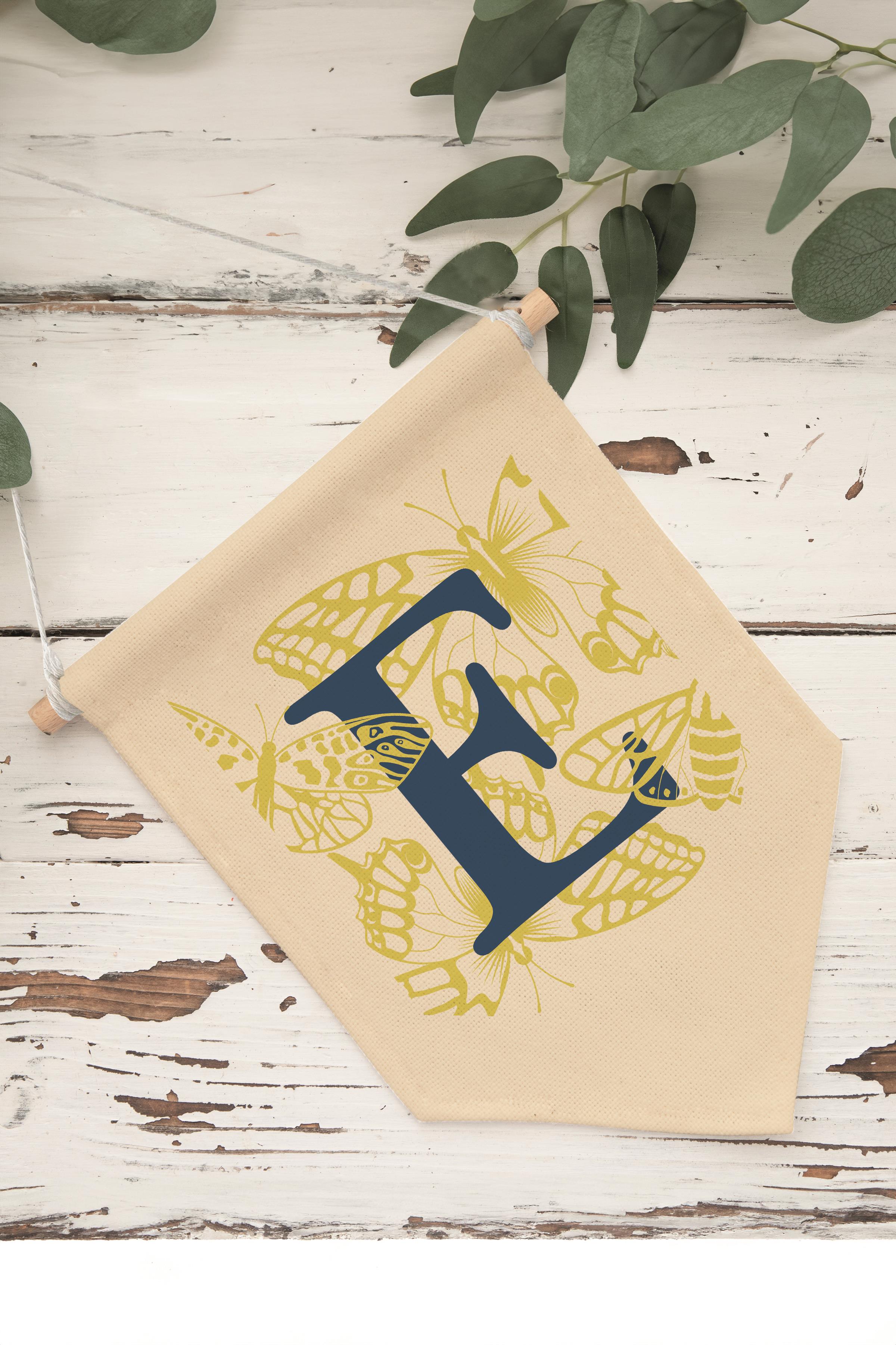 Çocuk Odası Dekor, Duvar Süsü, Ahşap Bebek Odası Dekor, Canvas Flama, Lacivert ve Sarı Çiçek Desenli E Harfi