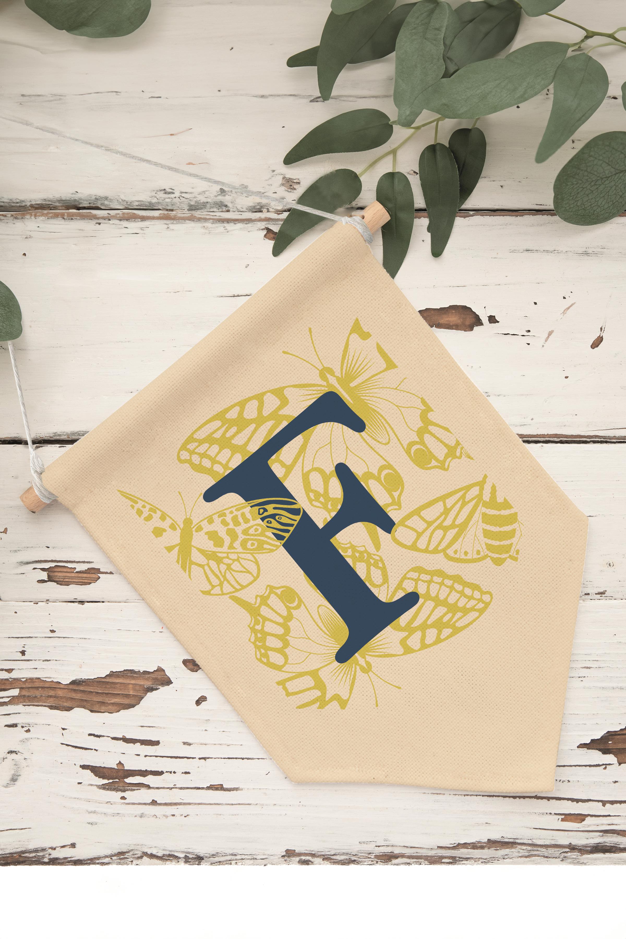 Çocuk Odası Dekor, Duvar Süsü, Ahşap Bebek Odası Dekor, Canvas Flama, Lacivert ve Sarı Çiçek Desenli F Harfi