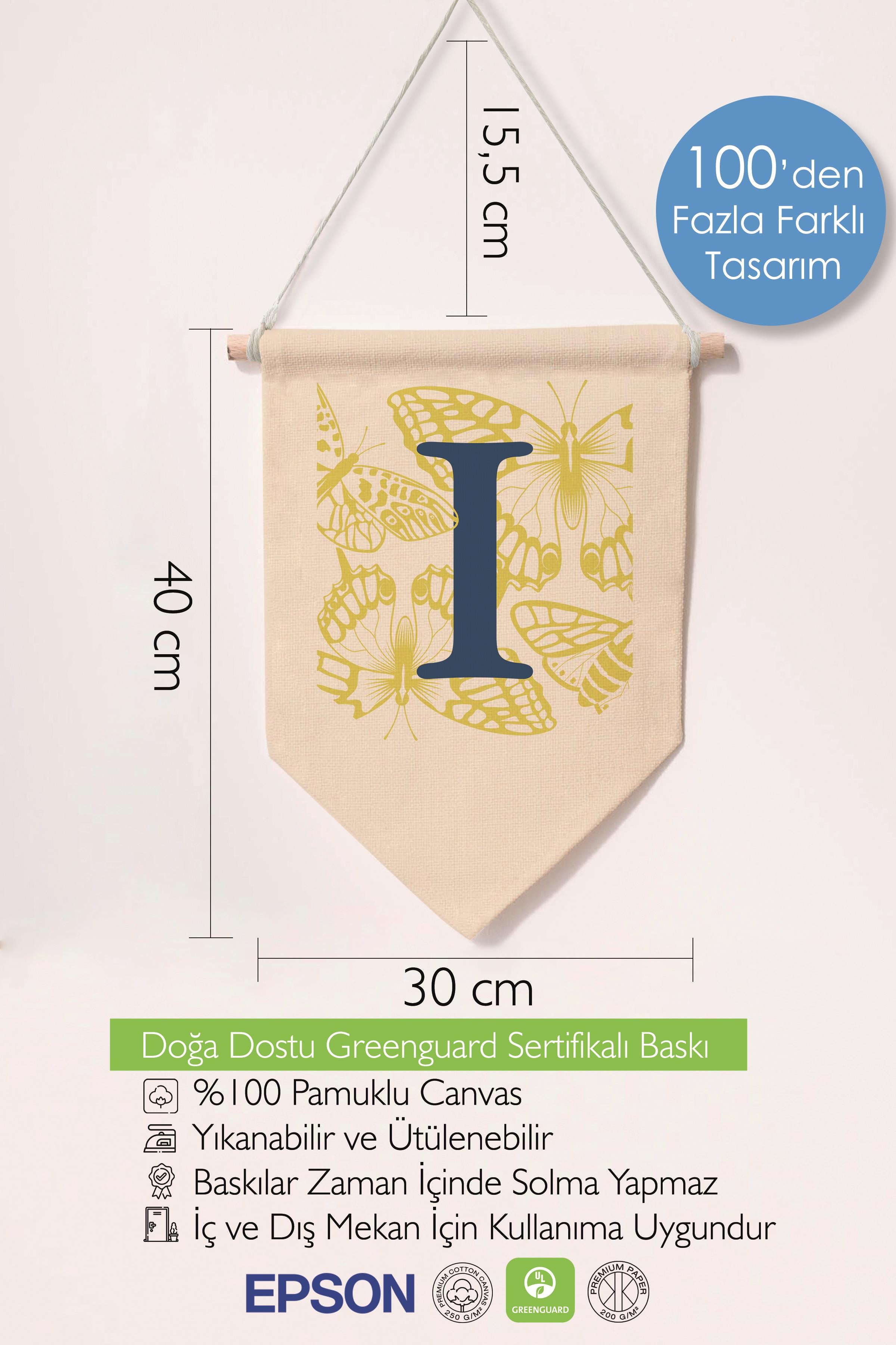 Çocuk Odası Dekor, Duvar Süsü, Ahşap Bebek Odası Dekor, Canvas Flama, Lacivert ve Sarı Çiçek Desenli I Harfi