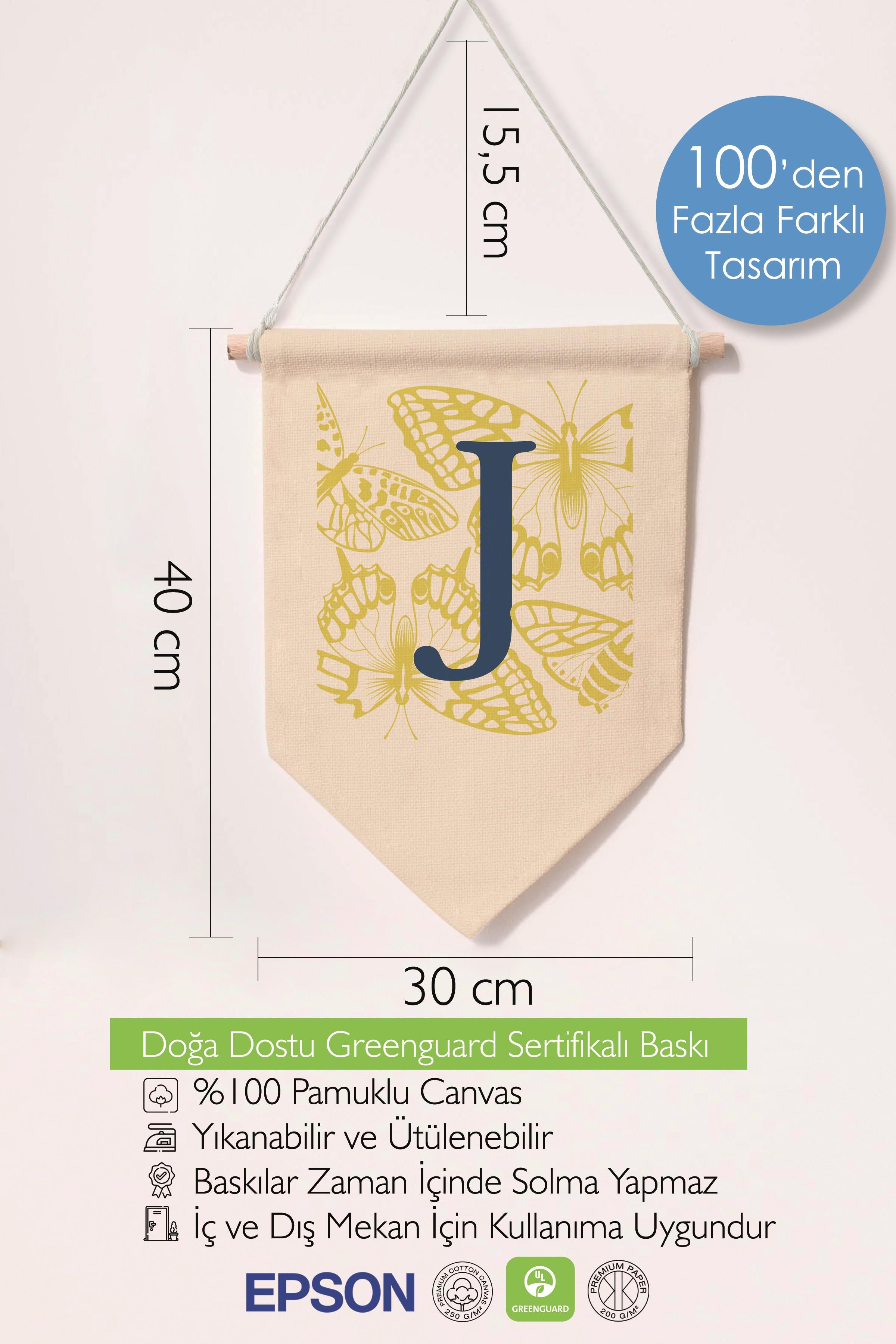 Çocuk Odası Dekor, Duvar Süsü, Ahşap Bebek Odası Dekor, Canvas Flama, Lacivert ve Sarı Çiçek Desenli J Harfi
