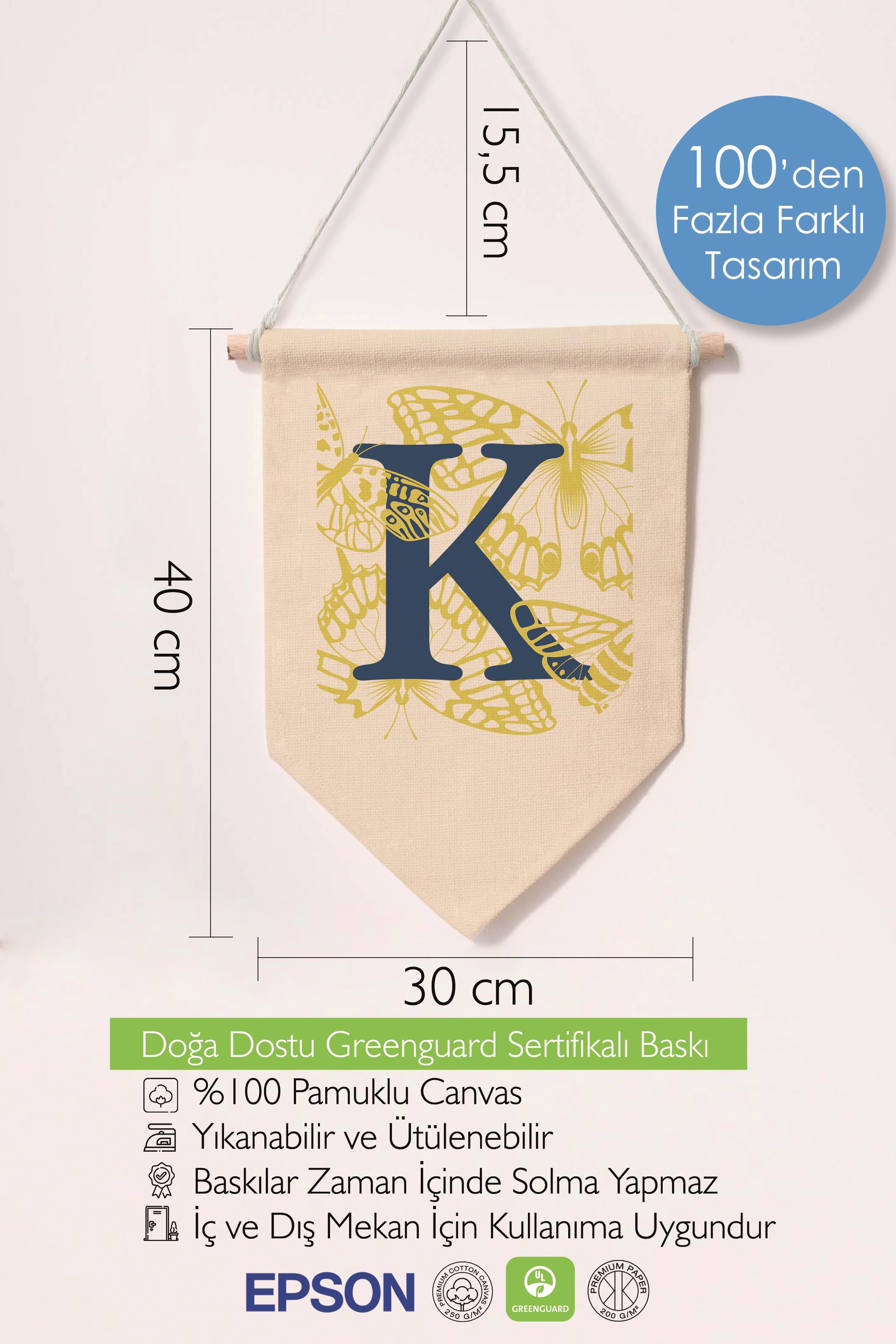 Çocuk Odası Dekor, Duvar Süsü, Ahşap Bebek Odası Dekor, Canvas Flama, Lacivert ve Sarı Çiçek Desenli K Harfi
