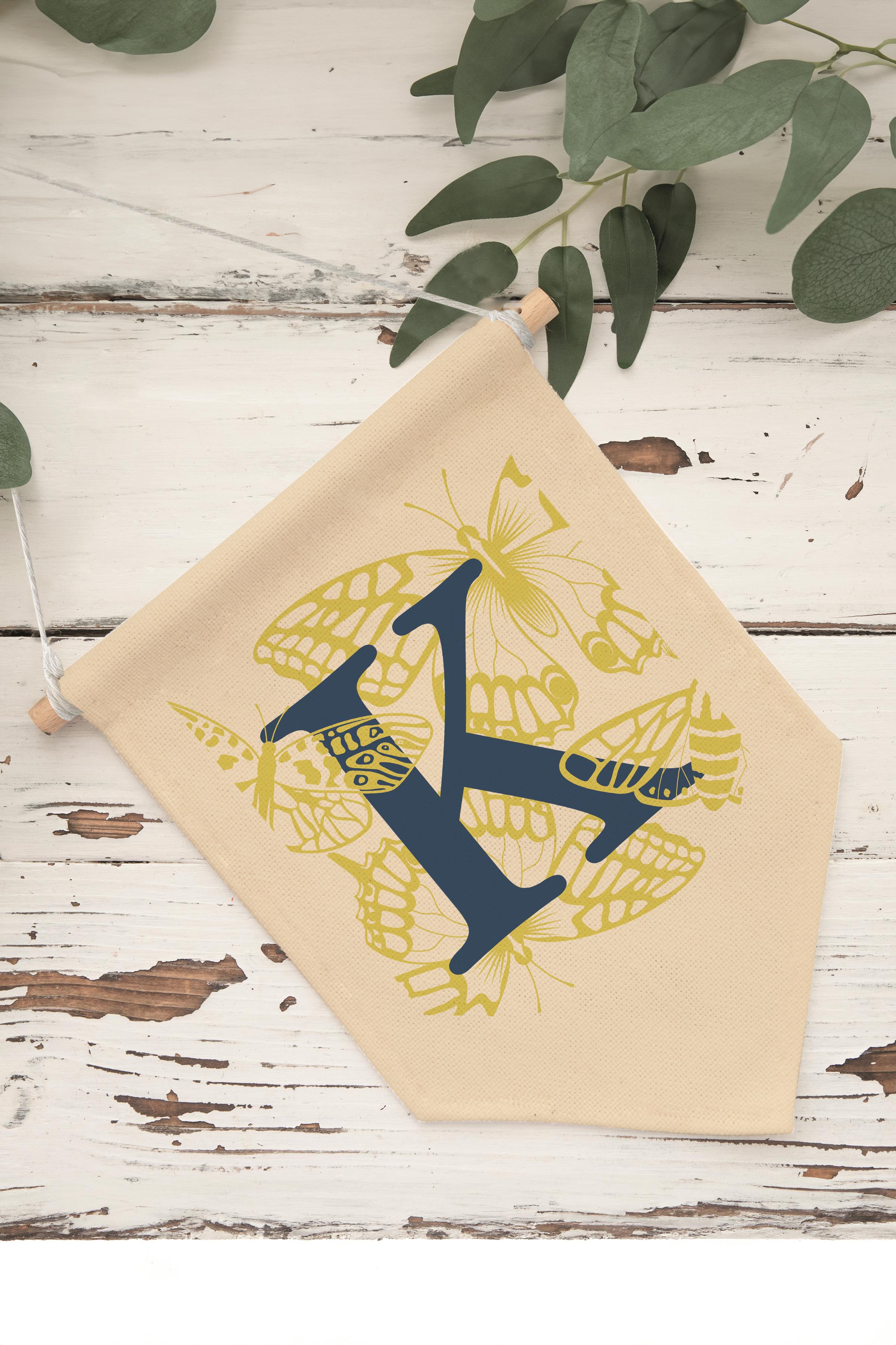 Çocuk Odası Dekor, Duvar Süsü, Ahşap Bebek Odası Dekor, Canvas Flama, Lacivert ve Sarı Çiçek Desenli K Harfi