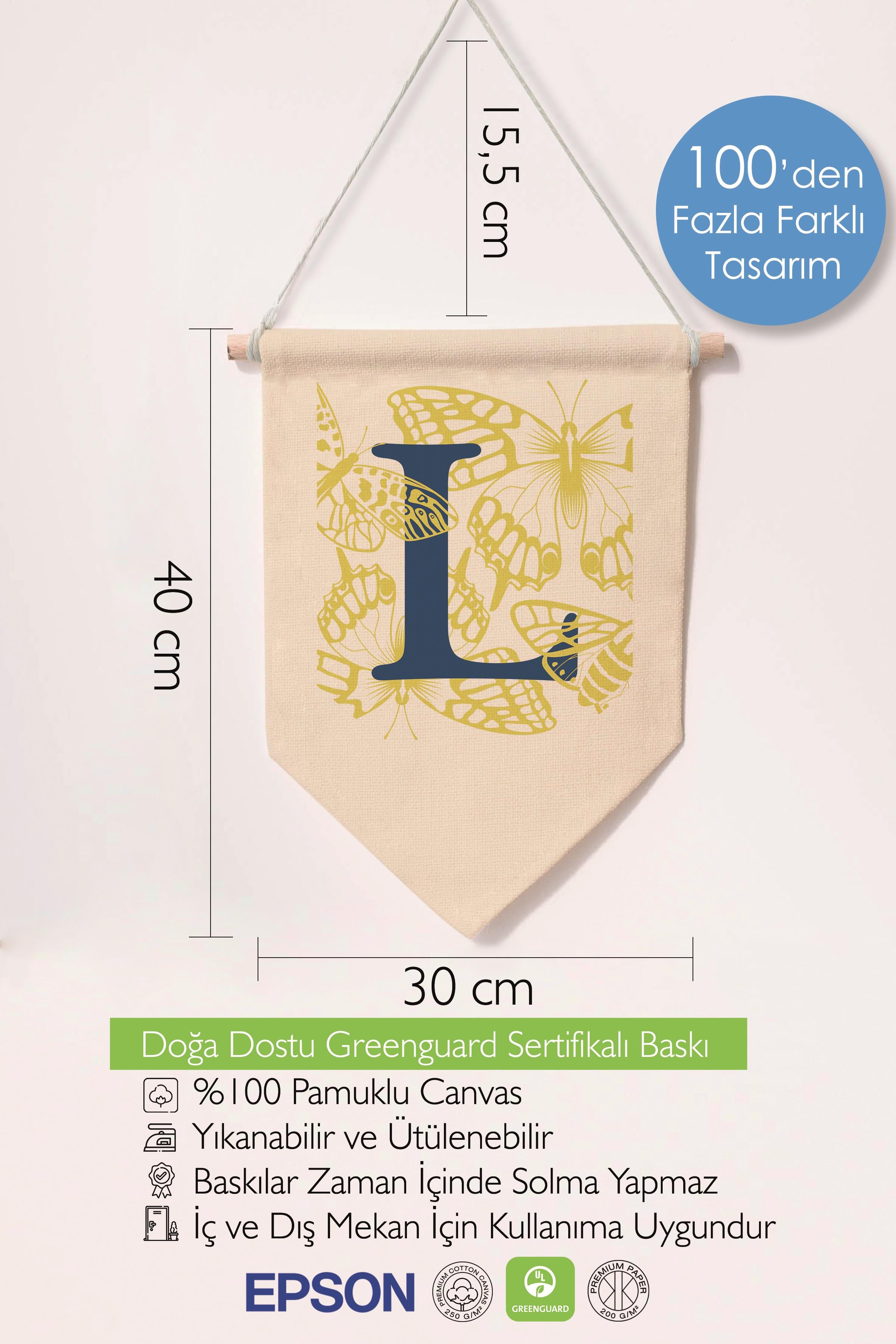 Çocuk Odası Dekor, Duvar Süsü, Ahşap Bebek Odası Dekor, Canvas Flama, Lacivert ve Sarı Çiçek Desenli L Harfi
