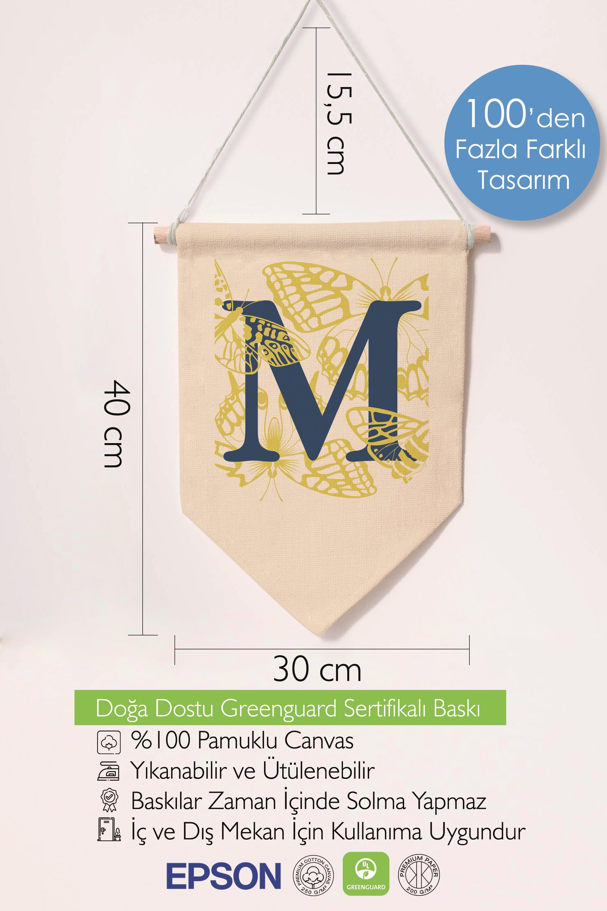 Çocuk Odası Dekor, Duvar Süsü, Ahşap Bebek Odası Dekor, Canvas Flama, Lacivert ve Sarı Çiçek Desenli M Harfi