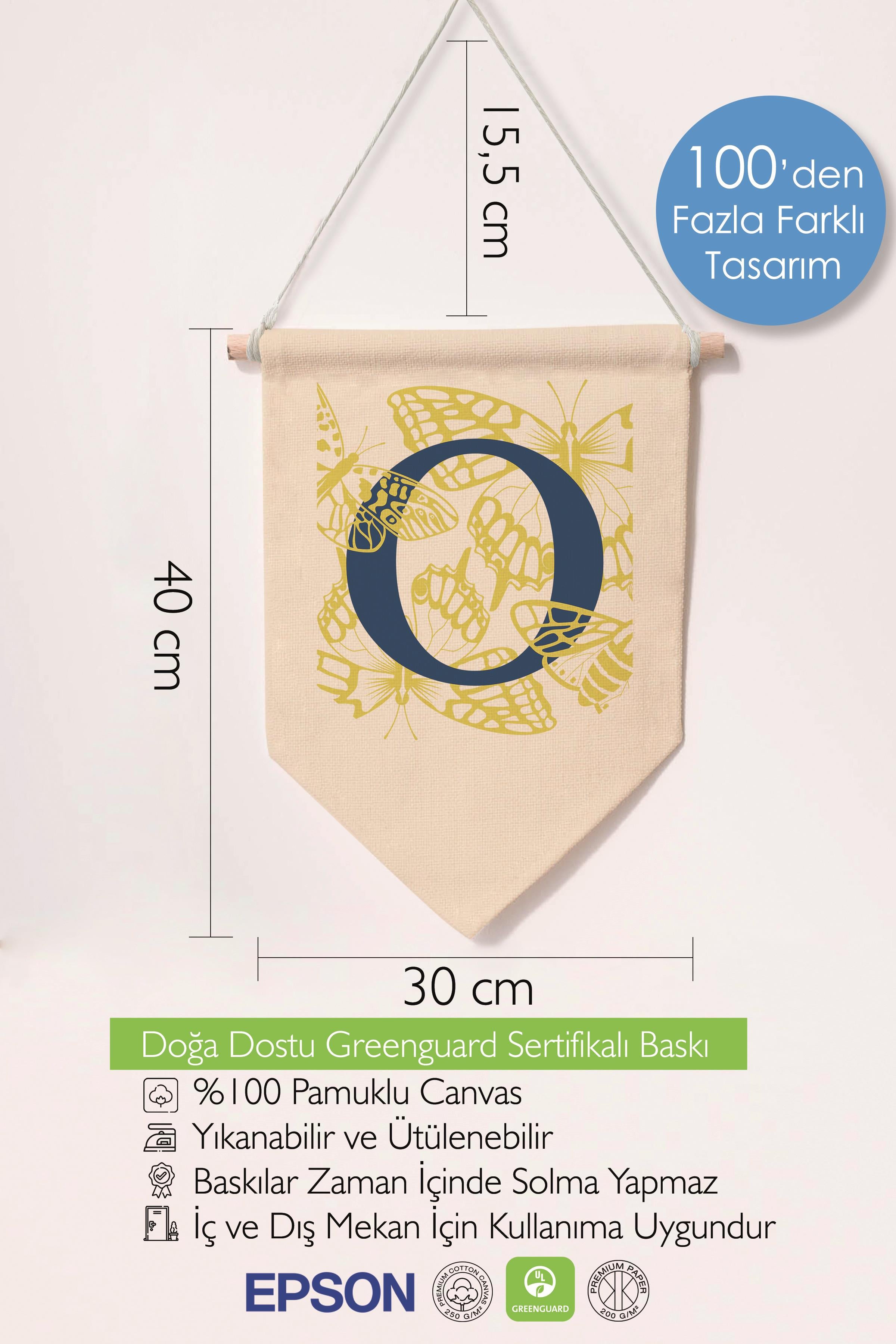 Çocuk Odası Dekor, Duvar Süsü, Ahşap Bebek Odası Dekor, Canvas Flama, Lacivert ve Sarı Çiçek Desenli O Harfi