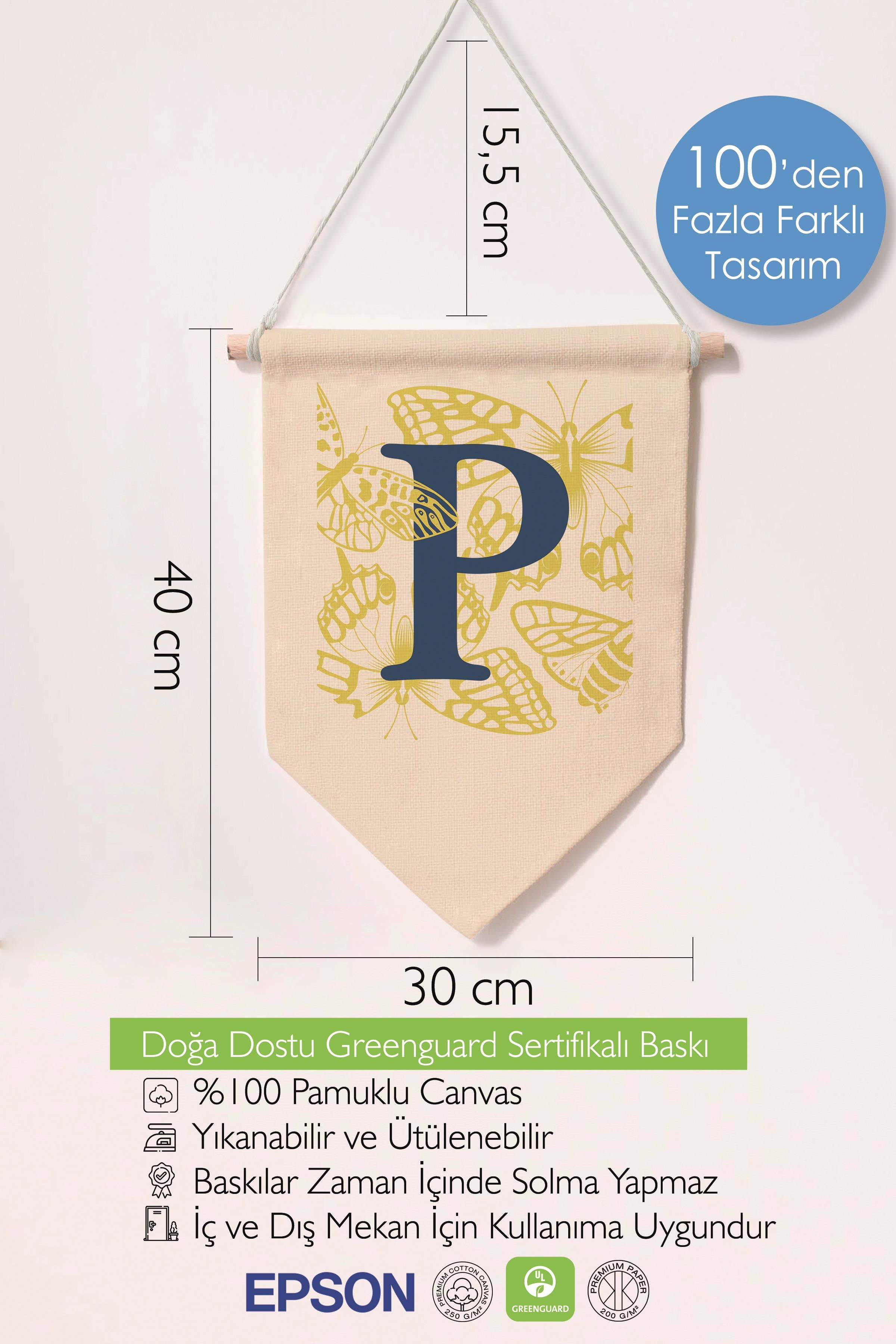 Çocuk Odası Dekor, Duvar Süsü, Ahşap Bebek Odası Dekor, Canvas Flama, Lacivert ve Sarı Çiçek Desenli P Harfi