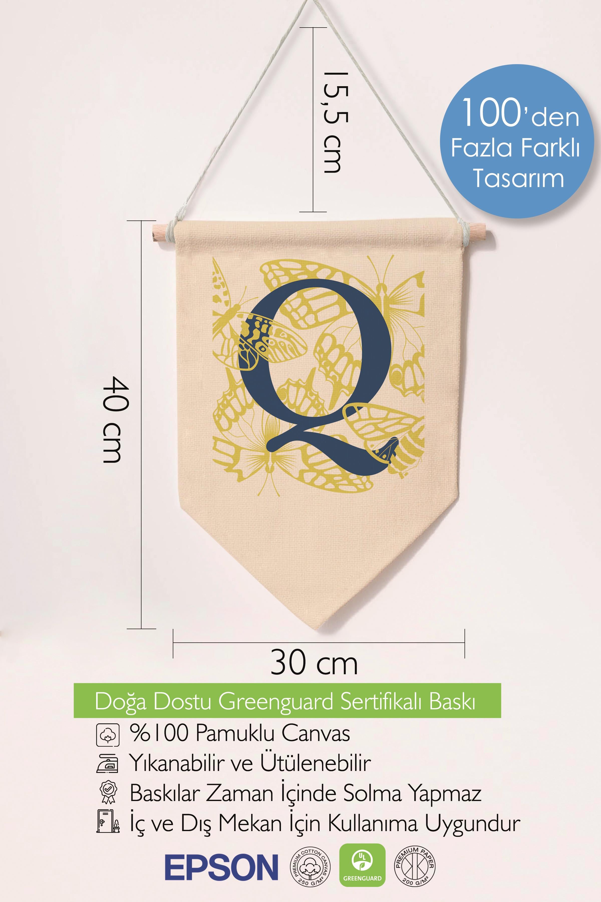 Çocuk Odası Dekor, Duvar Süsü, Ahşap Bebek Odası Dekor, Canvas Flama, Lacivert ve Sarı Çiçek Desenli Q Harfi