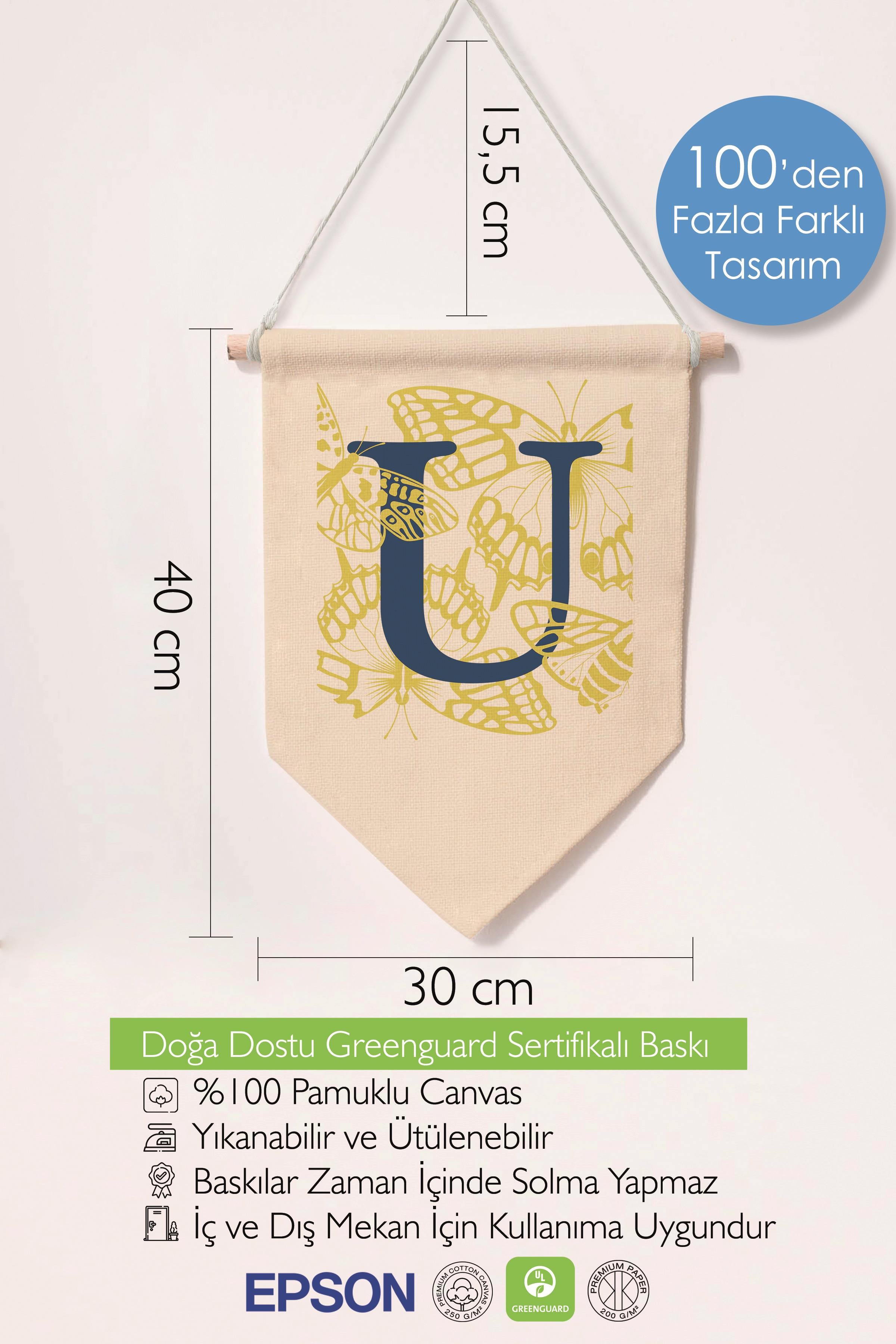 Çocuk Odası Dekor, Duvar Süsü, Ahşap Bebek Odası Dekor, Canvas Flama, Lacivert ve Sarı Çiçek Desenli U Harfi