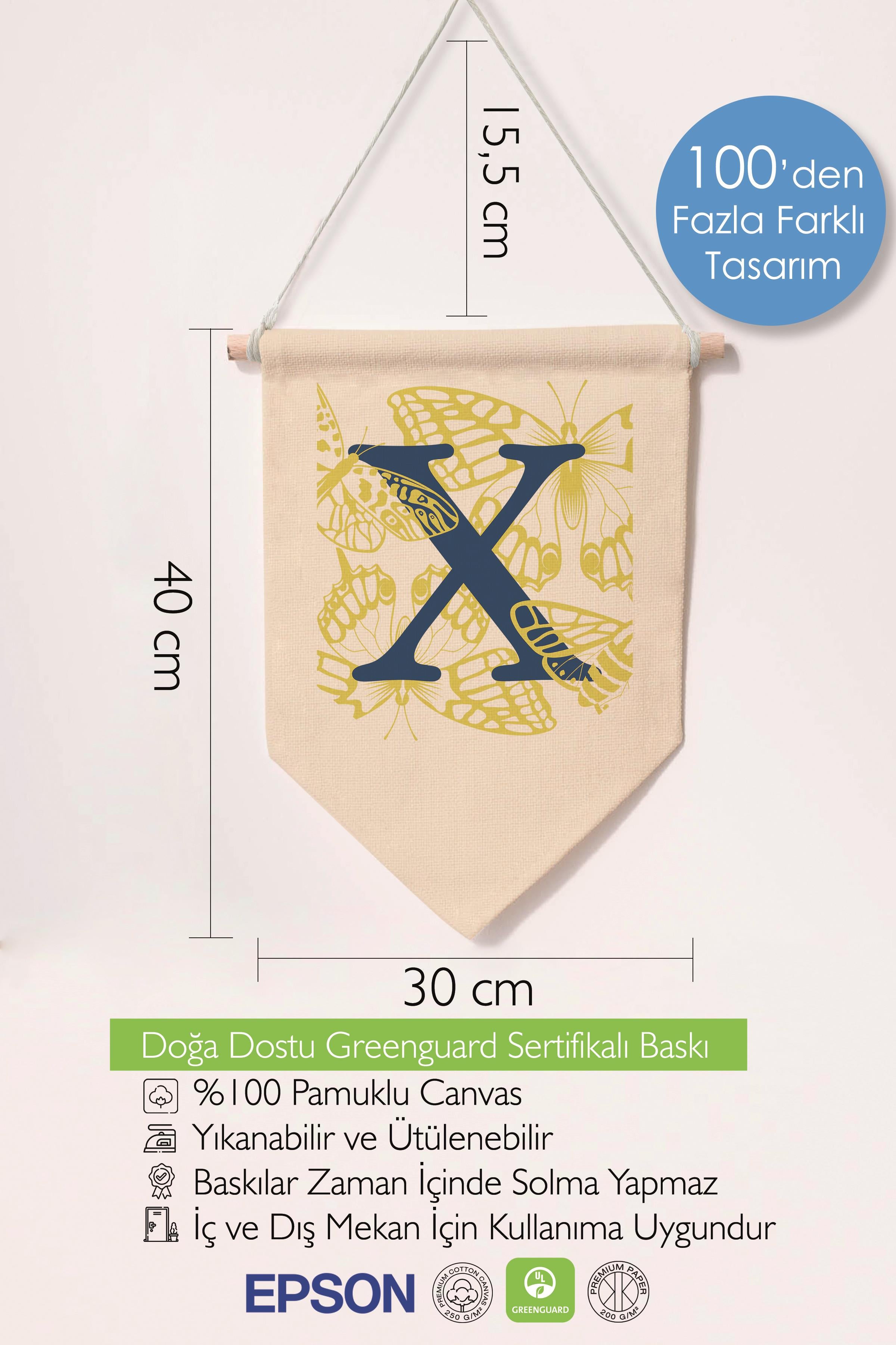 Çocuk Odası Dekor, Duvar Süsü, Ahşap Bebek Odası Dekor, Canvas Flama, Lacivert ve Sarı Çiçek Desenli X Harfi
