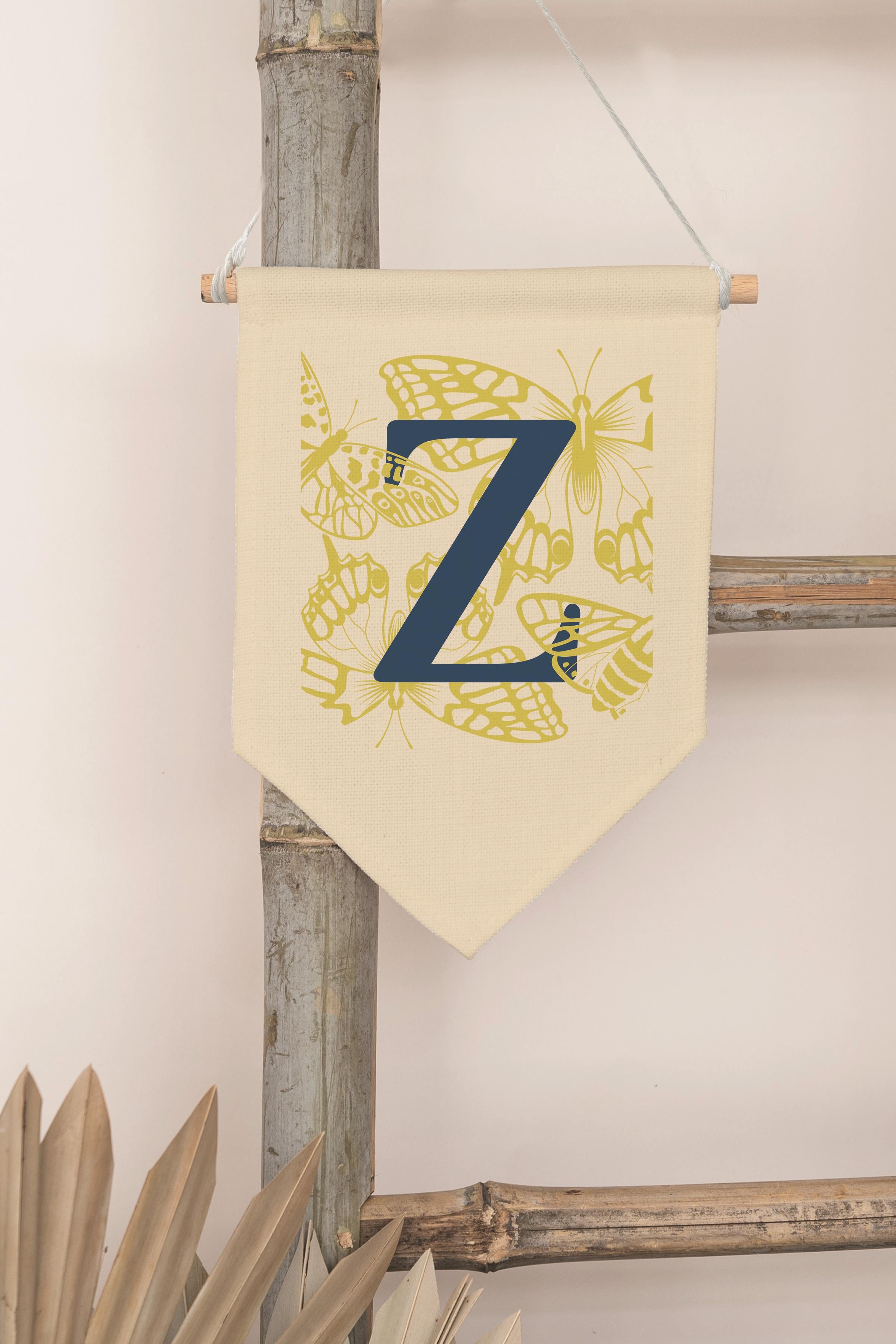 Çocuk Odası Dekor, Duvar Süsü, Ahşap Bebek Odası Dekor, Canvas Flama, Lacivert ve Sarı Çiçek Desenli Z Harfi